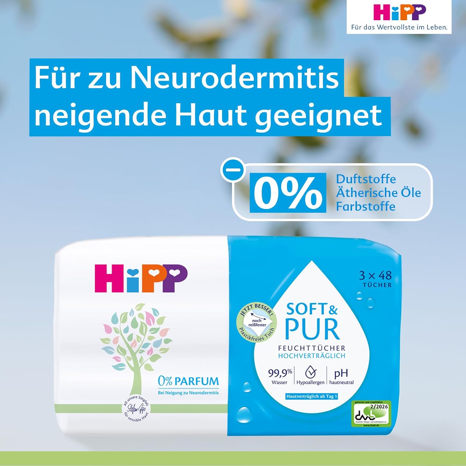 HiPP Soft & Pur Feuchttücher, 864 Stück (18 x 48), hochverträglich, 99,9 % Wasser, ohne Parfum, ideal für trockene, hochsensible Babyhaut, auch bei Neurodermitis-Neigung