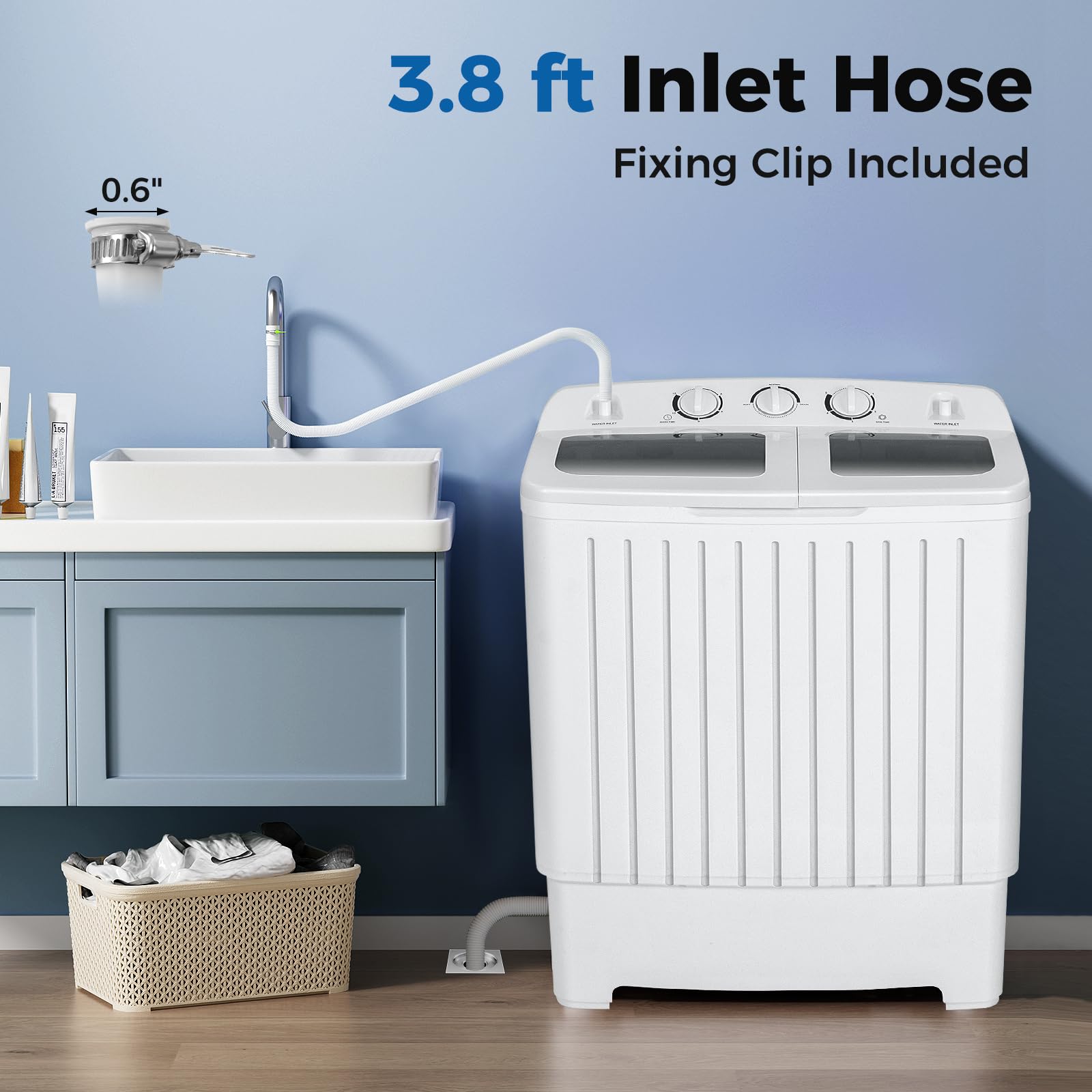 COSTWAY Portable Washing Machine, Twin Tub 20 Lbs Capacity, Compact Laundry Washer(12 Lbs) and Spinner(8 Lbs), Durable Design, Timer Control, Perfect for RV, Apartments and Dorms, Blue+White
