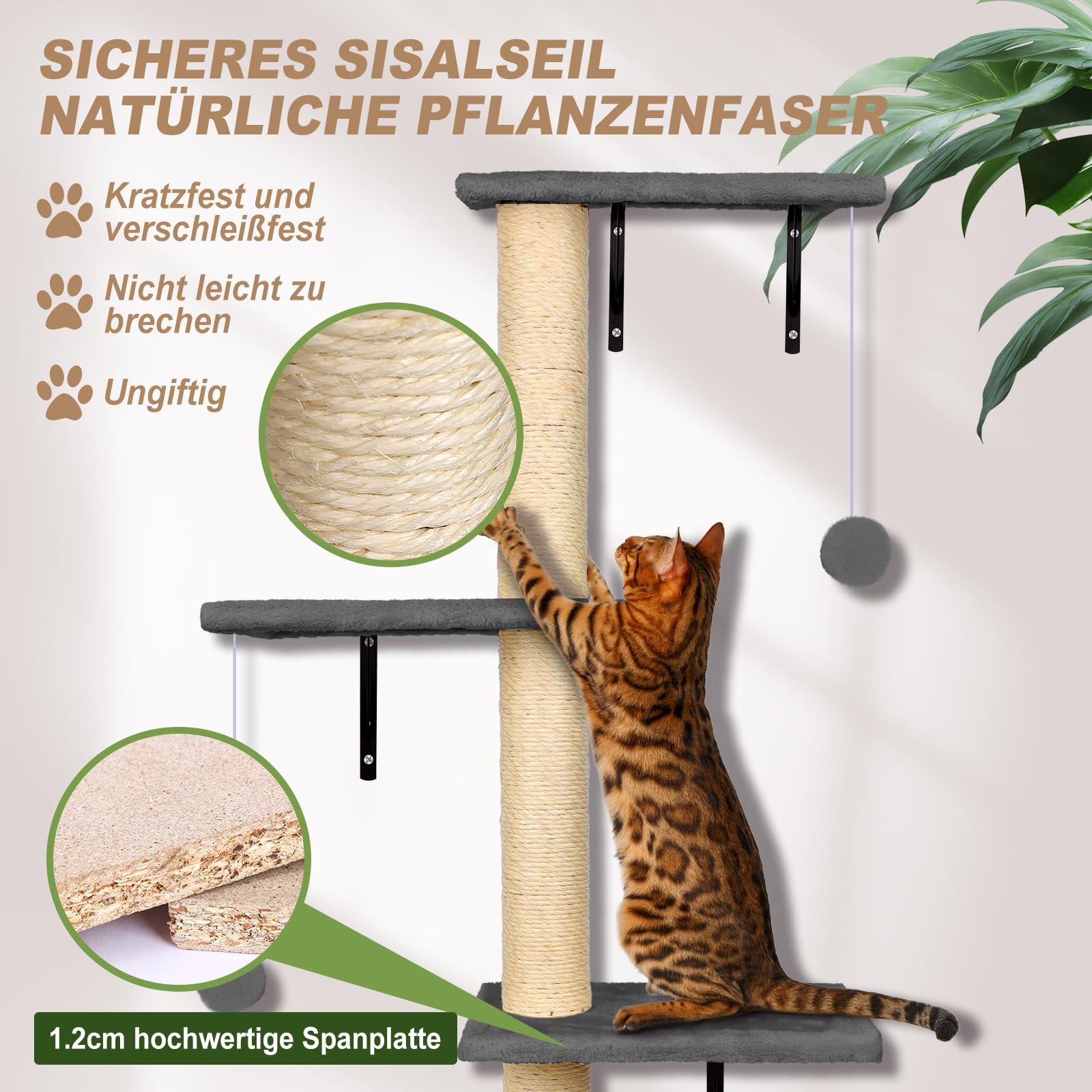 Myiosus Kletterwand Katzen, 10-teilig Katzen Kletterwand Set, Stabiles Kratzbaum Wand, Plüsch-Wandkratzbaum, Katzenmöbel mit Katzenhaus, Katzenbrücke, Kratzbaum mit Hängeball, Bequem Katzenliege