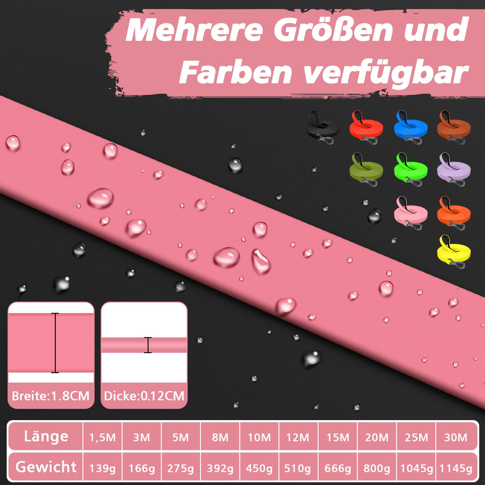 X XBEN Wasserdicht Schleppleine für Hunde,3M 5M 10M 15M 20M 30M Gummierte Schleppleine mit Abschließbarer Karabine,Wasserfest Hundeleine Laufleine für Große bis Kleine Hunde,Robuste Trainingsleine