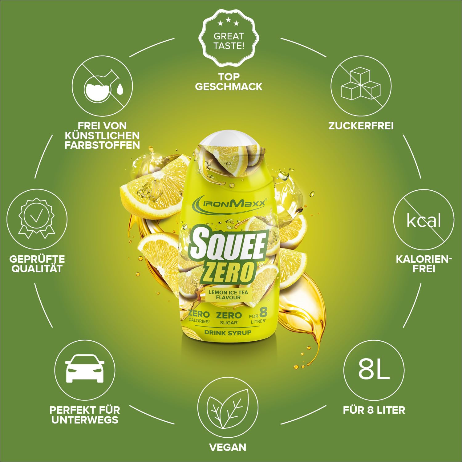 IronMaxx SqueeZero - Raspberry 65ml | Sirup, Erfrischendes Geschmackserlebnis für 8 Liter, Zuckerfrei und Kalorienfrei in 100ml verzehrfertigem Getränk
