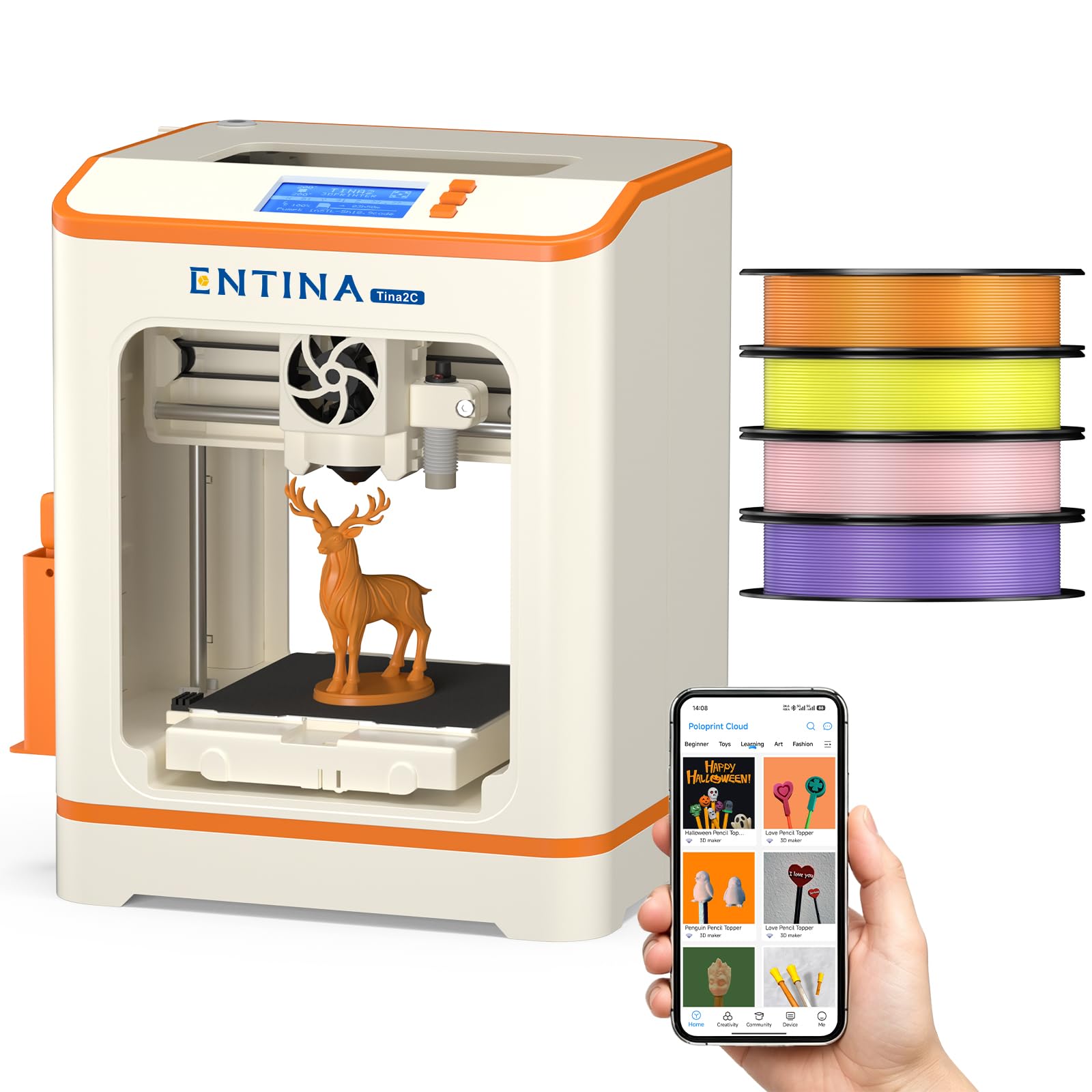 Entina Tina2C 3D Printer for Kids & Beginners, Fully Assembled Starter Mini 3D Printer, Start in 8 Mins, App & WiFi Control, Auto Leveling, 3000+ Model Library, 20+ Creative DIY Modules for STEM, Home
