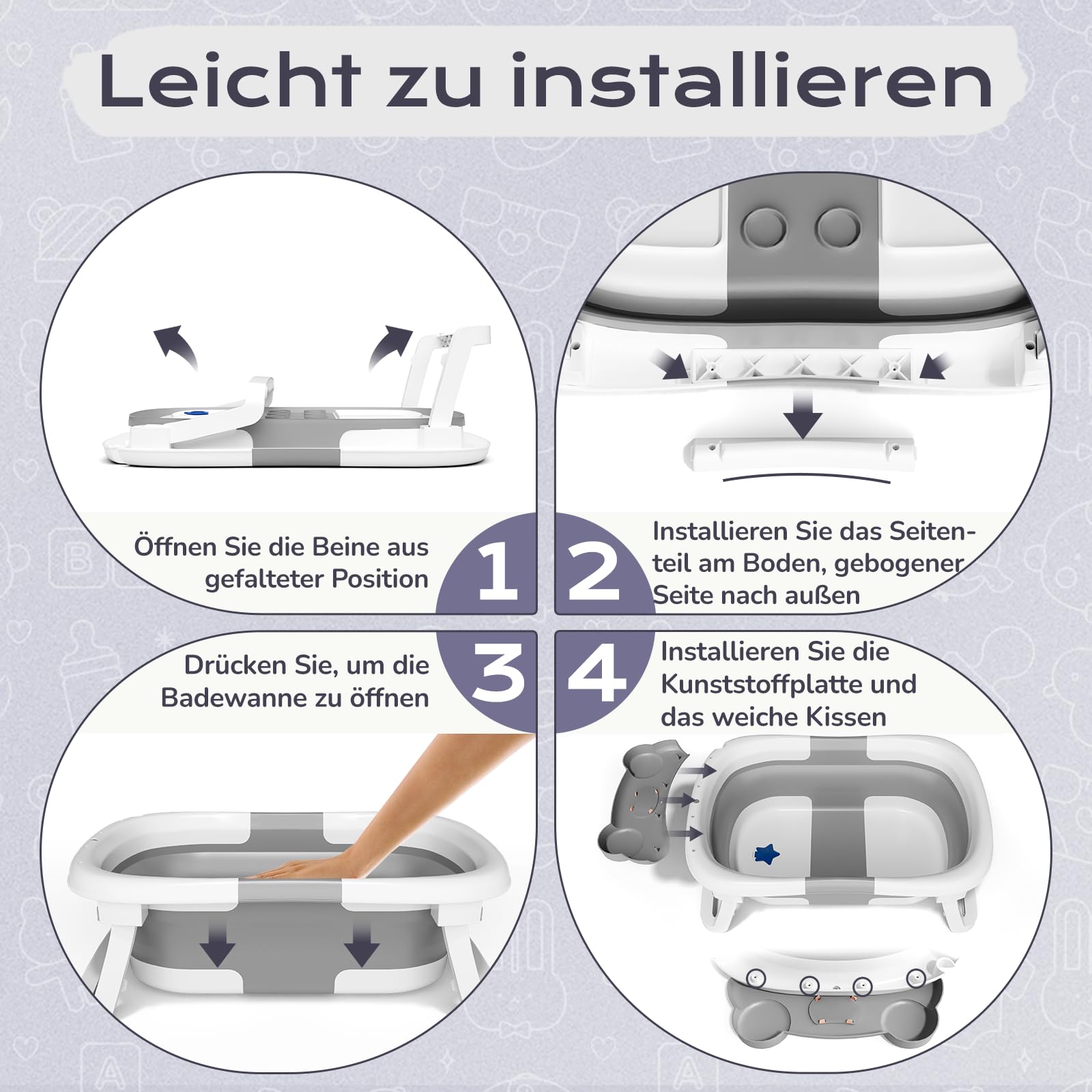 COOSEYA Baby Badewanne für 0-18 Monate, Faltbare Babywanne mit Babybadewanne Stützkissen, Portable Baby Bathtub als Wesentliche Artikel für Neugeborene und Kleinkind, Dinosaurier - Design (Grau)