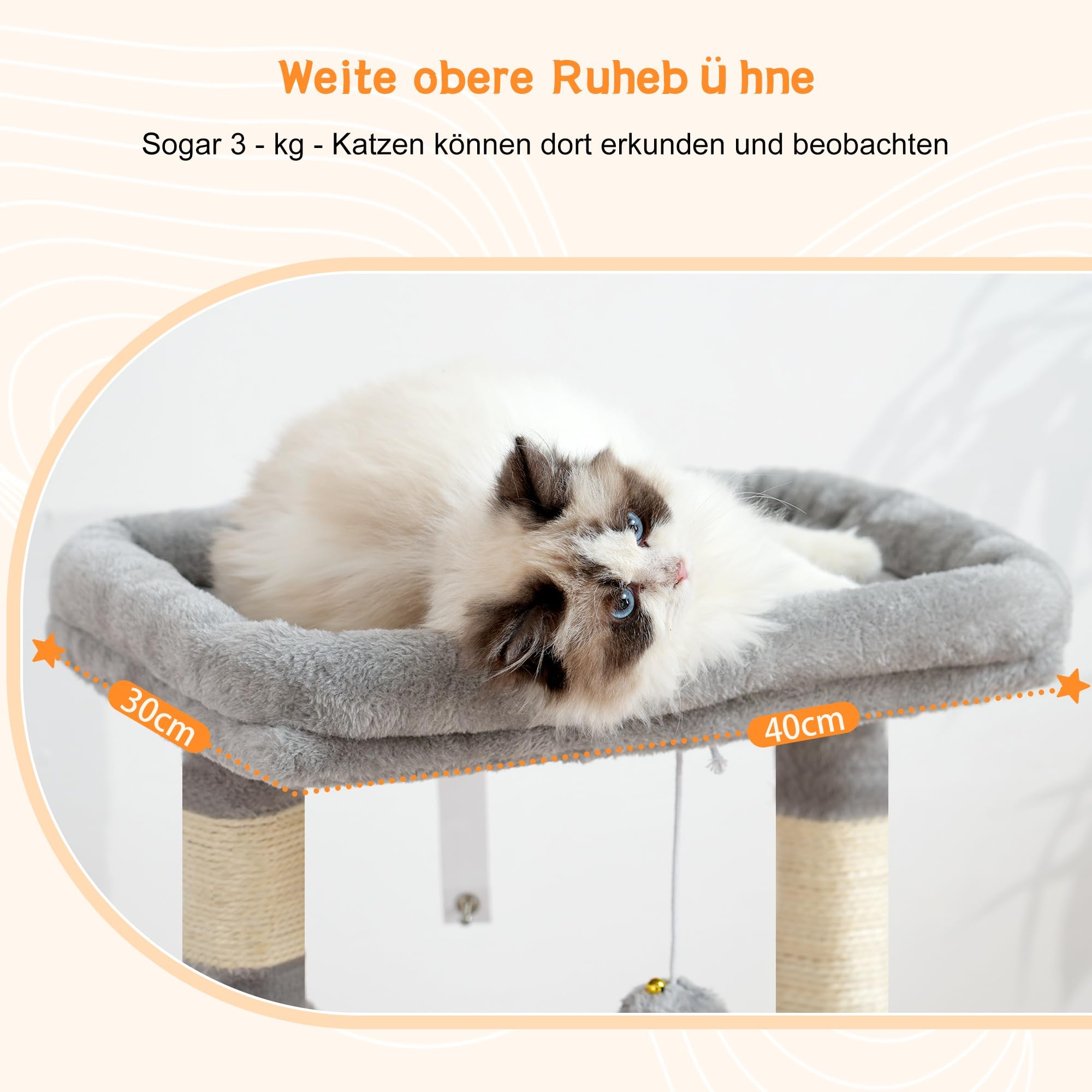 Heybly Kratzbaum, Katzenbaum mit Extra Großem, Weichem Katzenkorb, Katzenkratzbaum mit Geräumigem Katzenbett und Verstecktem Schlafplatz, Robusten Sisal-Kratzsäulen, Hellgrau HCT008SW