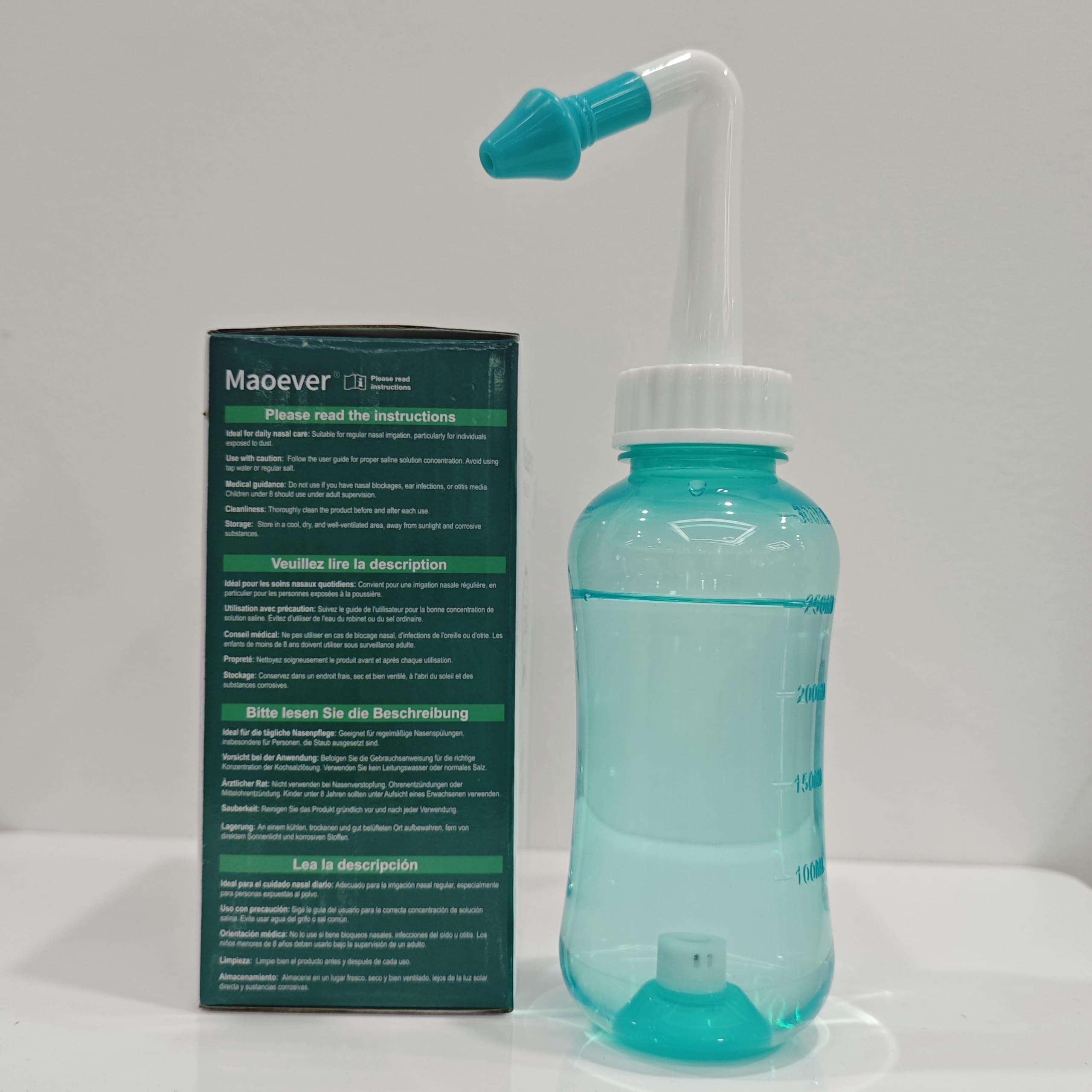 Nasendusche Set, Nasenspülkanne zur Nasenreinigung und Nasenspülung，BPA-frei, 300 ml, mit 30 Nasenwasch-Salzpaketen und Aufkleberthermometer