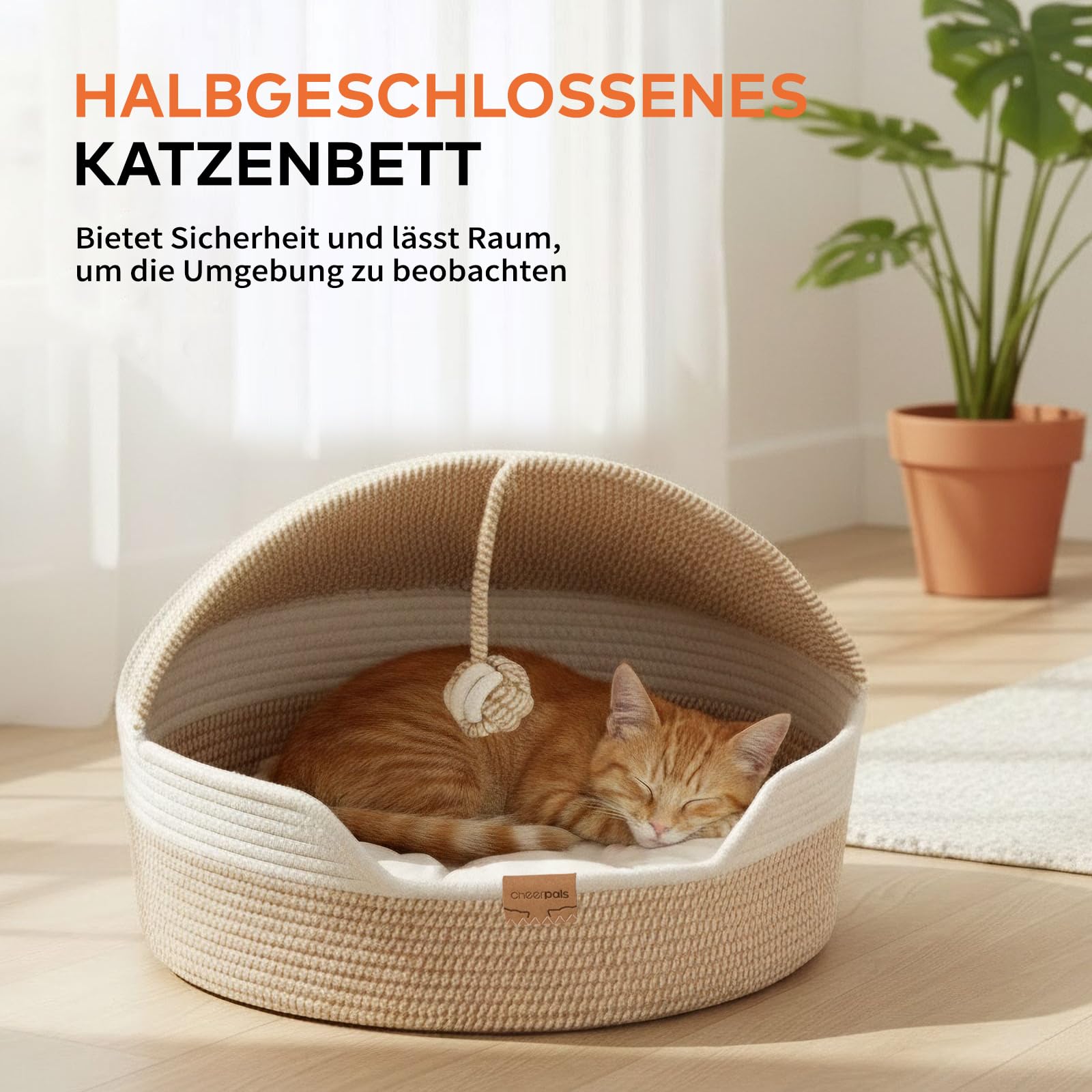 CheerPals Katzenbett mit Kissen, 47cm Waschbar Katzenkorb aus Baumwollseilen geflochten, zum Schlafen für Alle Katze, All Season Universal