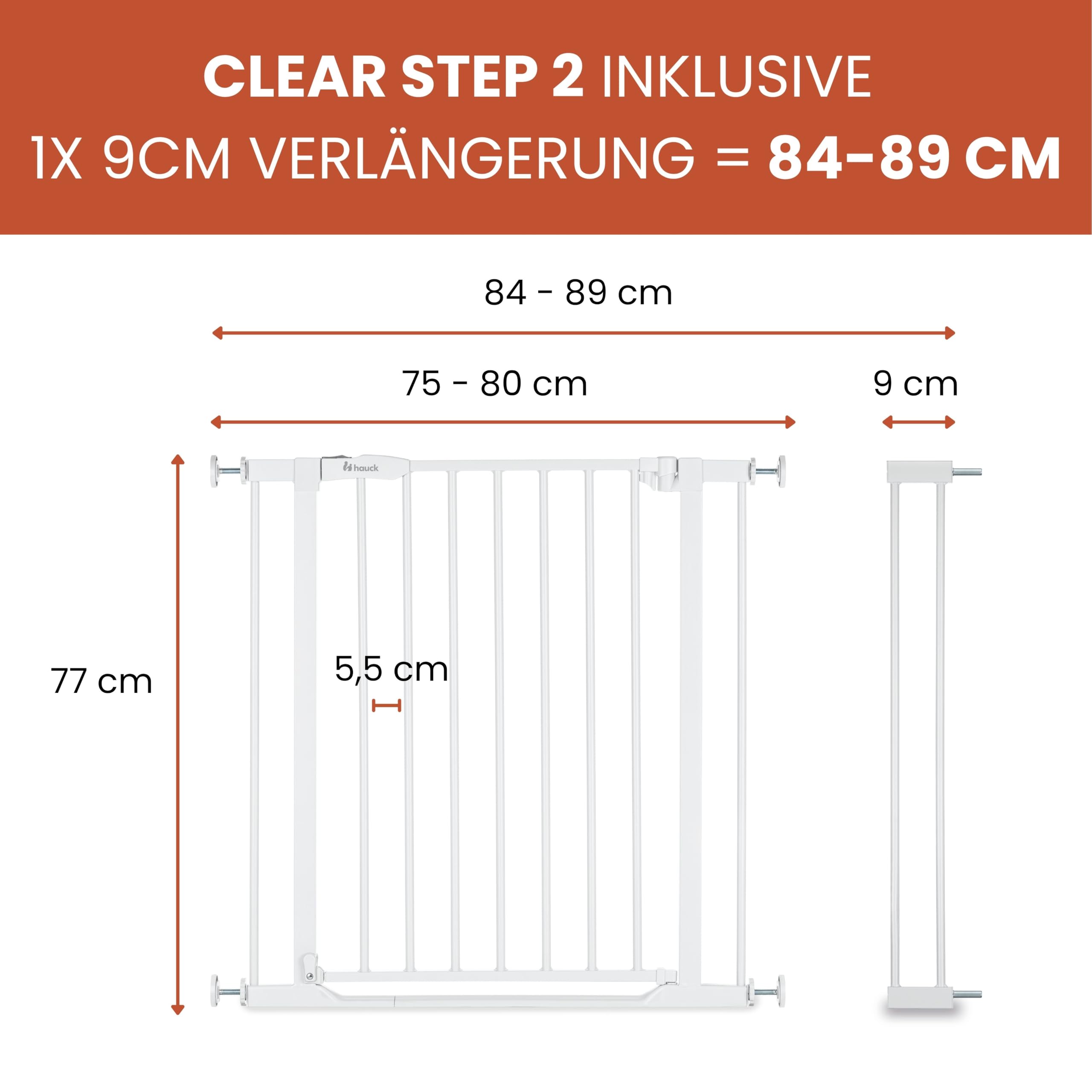 hauck Open N Stop 2 + 21 cm Verlängerung, Weiß - Kinderschutzgitter Hundegitter, Verstellbare Breite 96-101 cm, 77 cm Hoch, Beidseitige Einhand Öffnung, ohne Bohren, für Innen