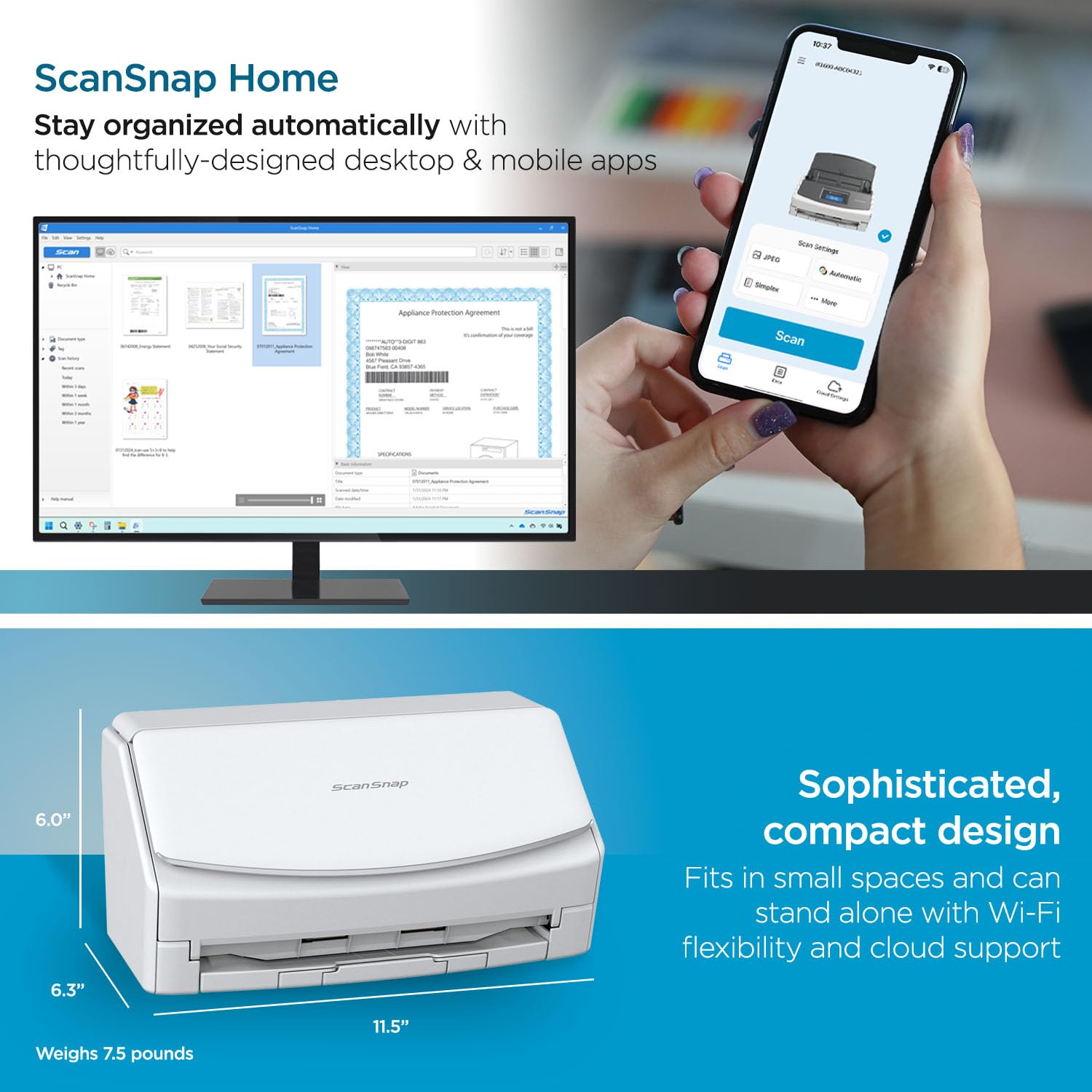 ScanSnap iX2500 Wireless or USB High-Speed Cloud Enabled Document, Photo & Receipt Scanner with Large 5" Touchscreen and 100 Page Auto Document Feeder for Mac or PC, Black