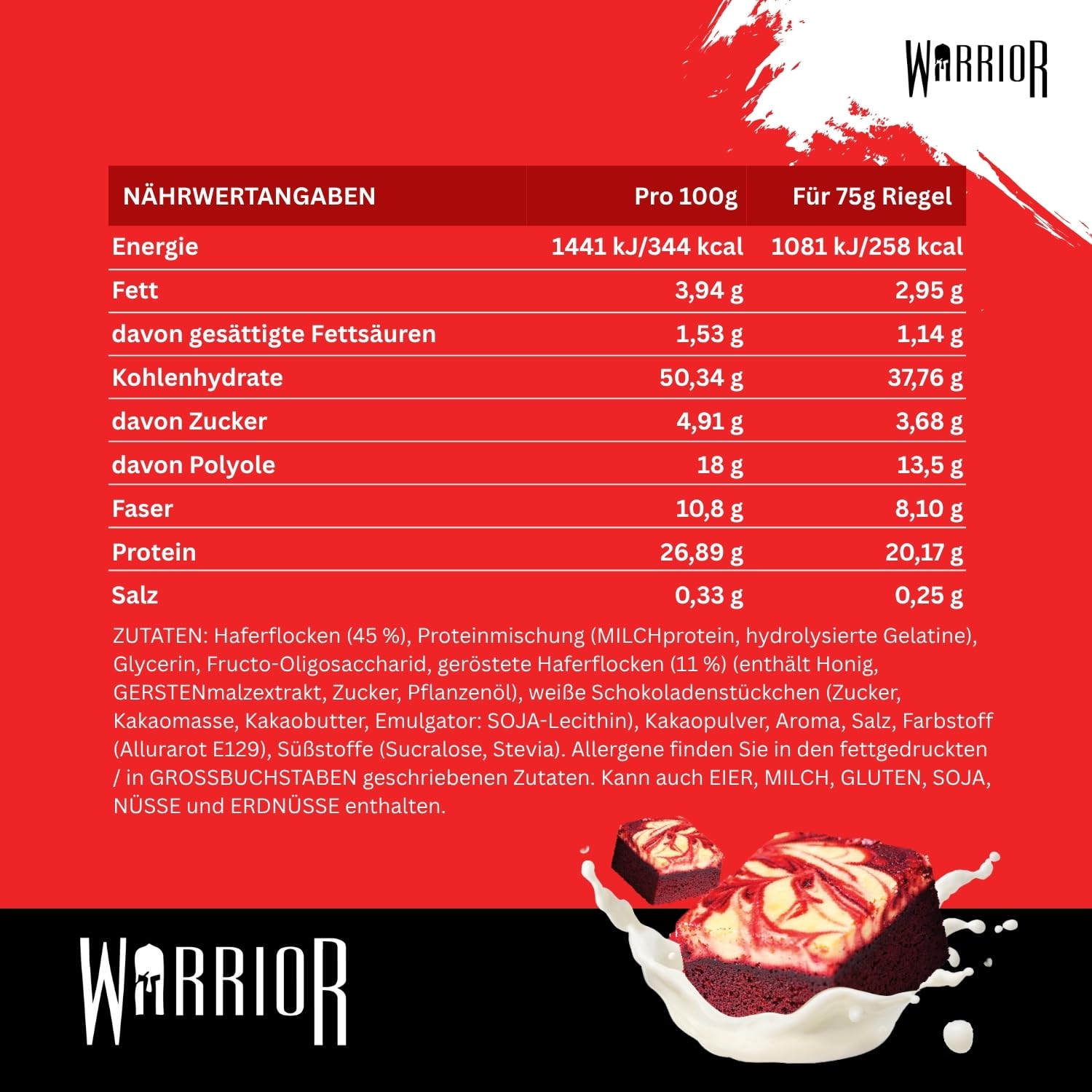 Warrior Raw Proteinriegel 12 x 75 g – Ballaststoffreicher Haferriegel mit Protein, High Protein Snack ohne Zucker, Natürlicher Haferflocken Riegel mit Präbiotika – Schoko-Brownie