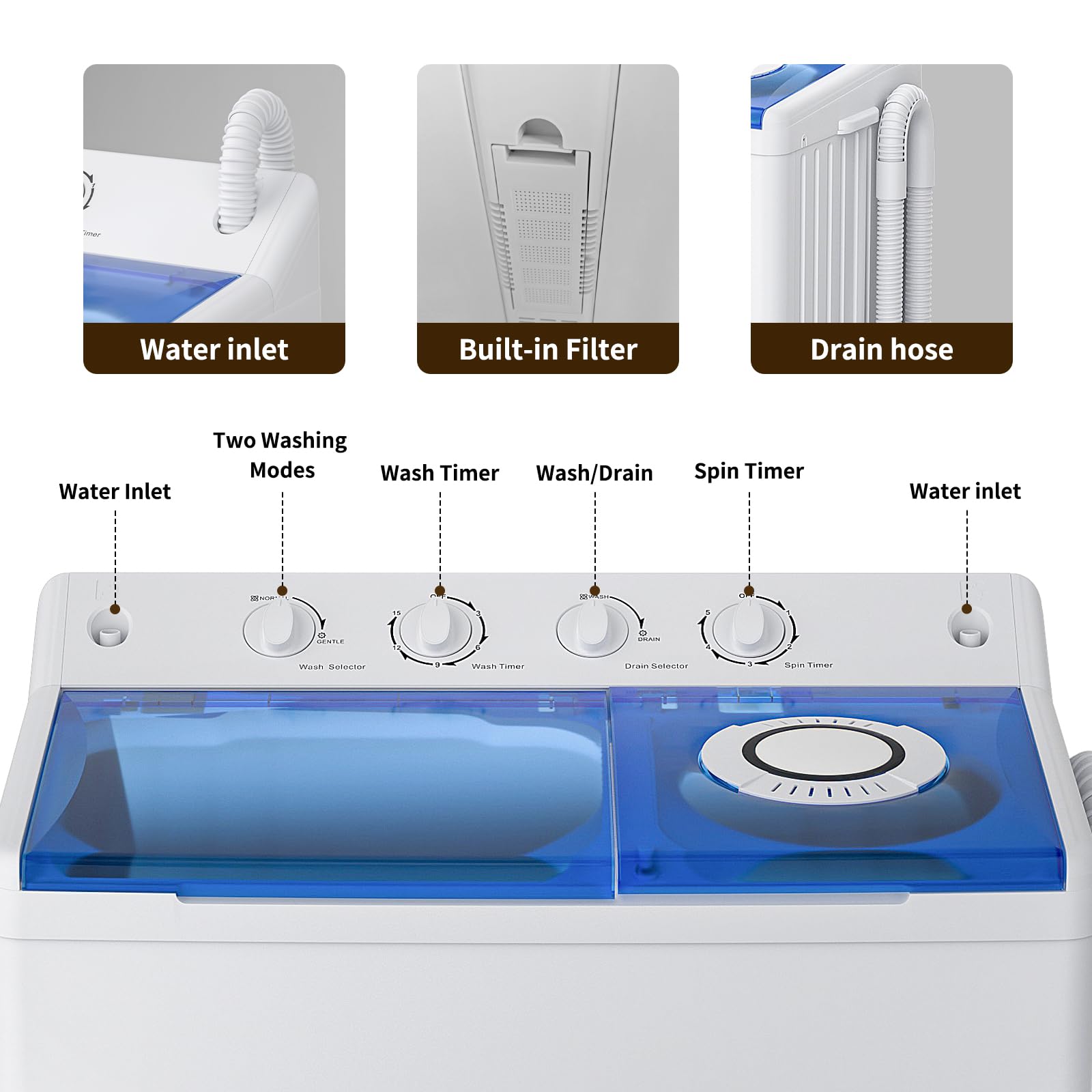 VCJ Portable Washing Machine, Twin Tub Washing Machine Laundry Compact Washer spinner Combo with 14lbs capacity, 9Lbs Washer and 5Lbs Spinner dryer for Apartments RVs and Dorms
