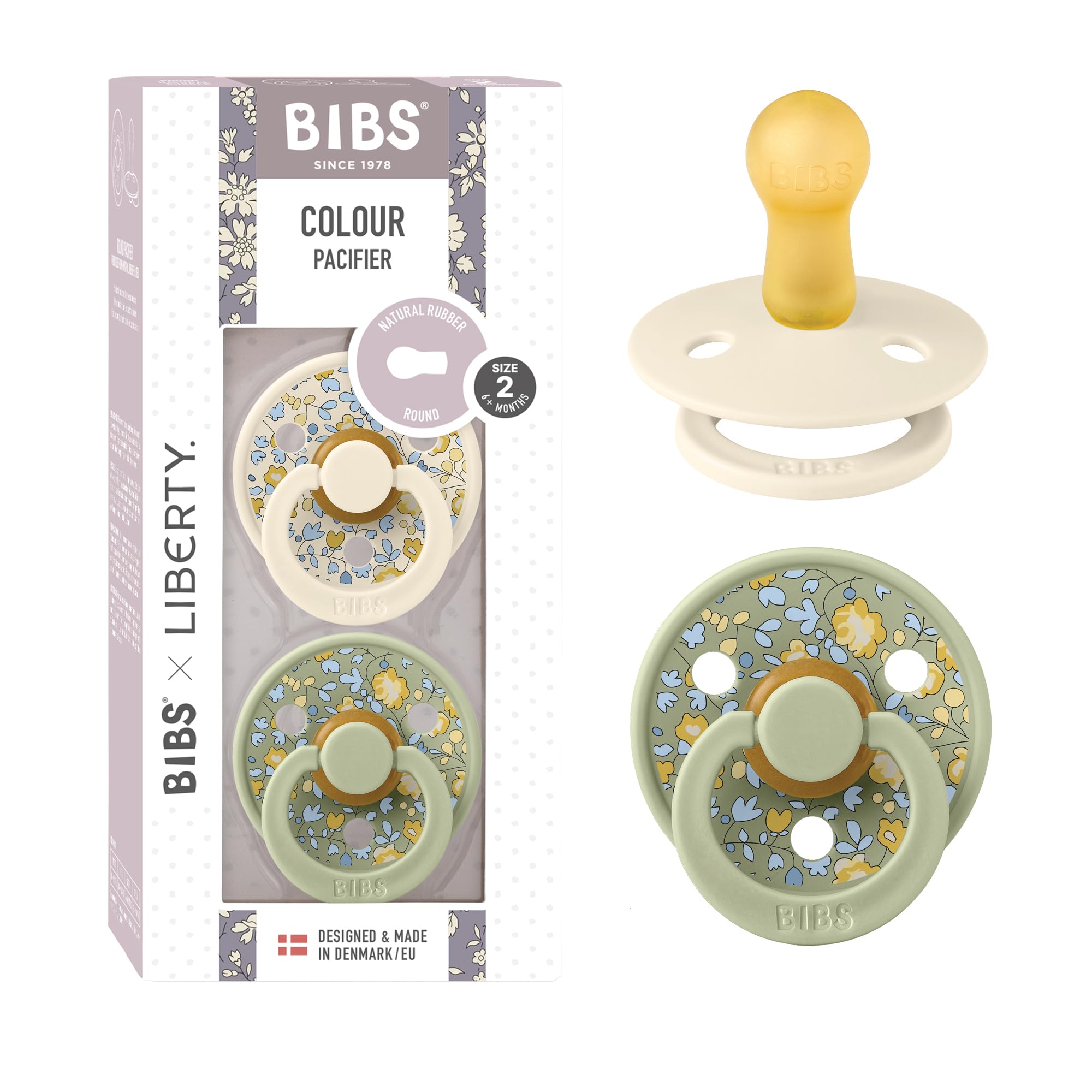 BIBS Colour Liberty Schnuller 2er-Pack, BPA-frei, Kirschform Nippel. Naturkautschuk/Latex, Hergestellt in Dänemark, Größe 2 (6-18 Monate), Chamomile Lawn Violet Sky