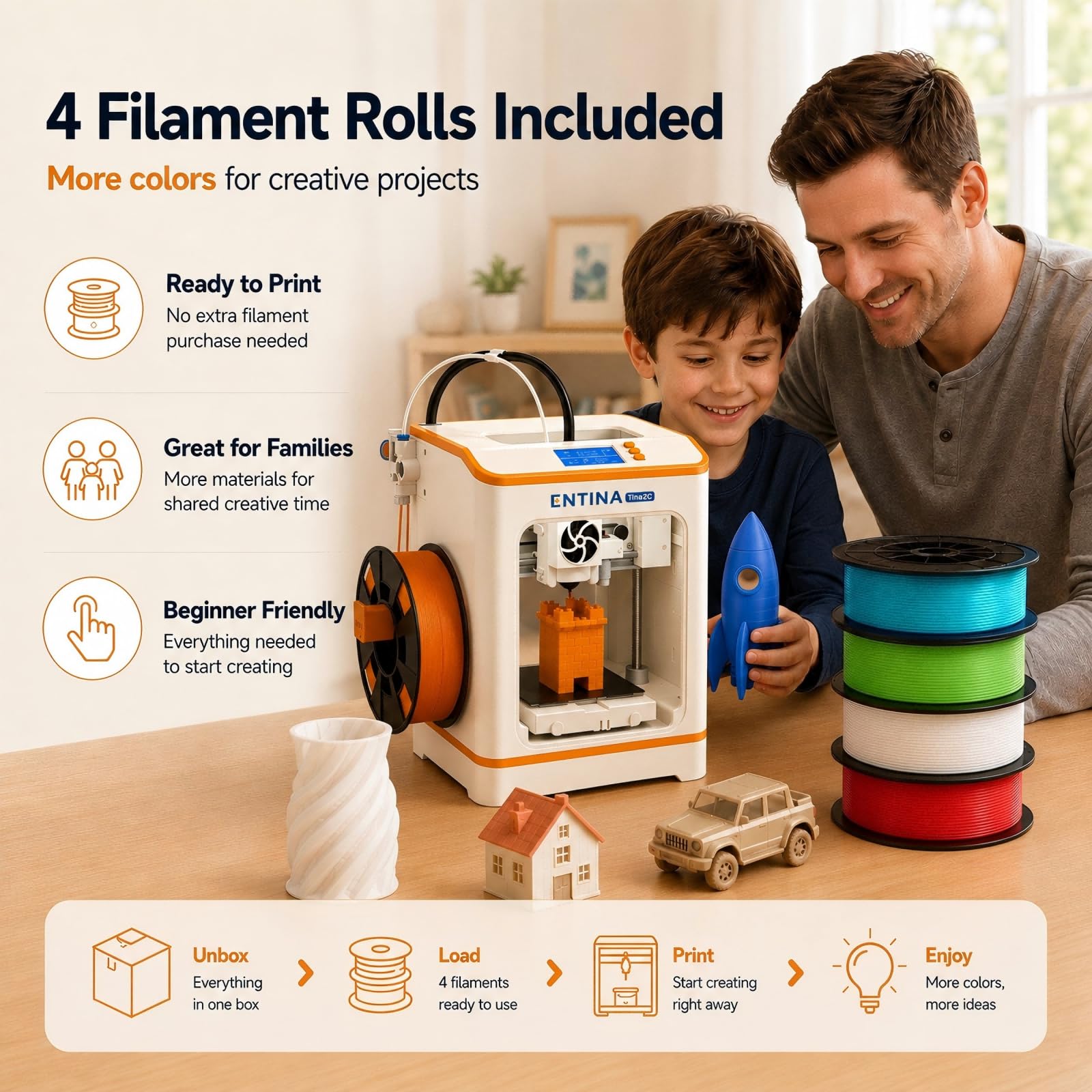 Entina Tina2C 3D Printer for Kids & Beginners, Fully Assembled Starter Mini 3D Printer, Start in 8 Mins, App & WiFi Control, Auto Leveling, 3000+ Model Library, 20+ Creative DIY Modules for STEM, Home