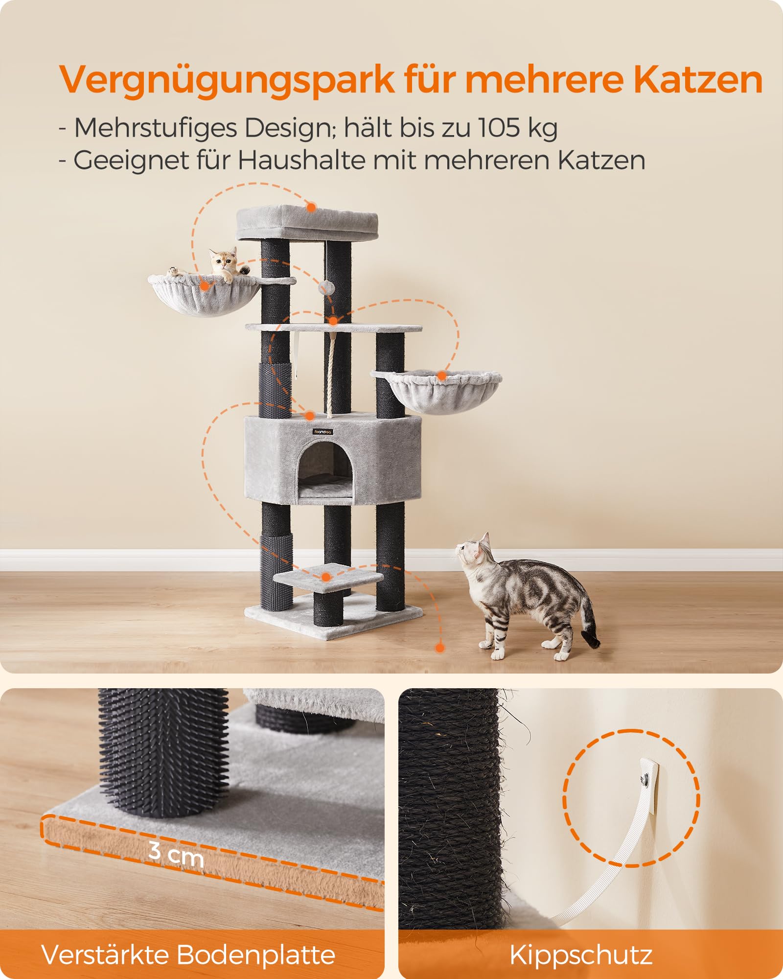 Feandrea Kratzbaum, mit warmen Decken, für große Katze, Katzenbaum, 2 Katzenbürsten, 11,1 cm d Dicke Stämme, große Plattformen, Höhle, 50 x 50 x 160 cm, Taubengrau-schwarz PCT003W01