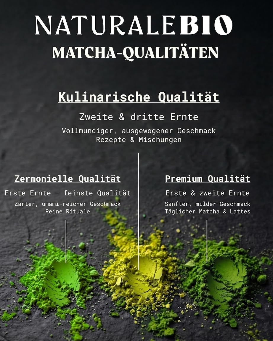 NaturaleBio Matcha Tee Pulver Bio - Premium-Qualität - 100g. Original Green Tea aus Japan. Japanischer ideal zum Trinken. Grüntee für Latte, Smoothies Getränk. Hergestellt in Uji, Kyoto.