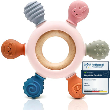 CAJA Beißring Baby BPA freie Zahnungshilfe und Beißspielzeug aus Silikon und Holz Greifring mit Tiermotiv Geschenkidee zur Geburt Sicheres Babyspielzeug für Jungen und Mädchen