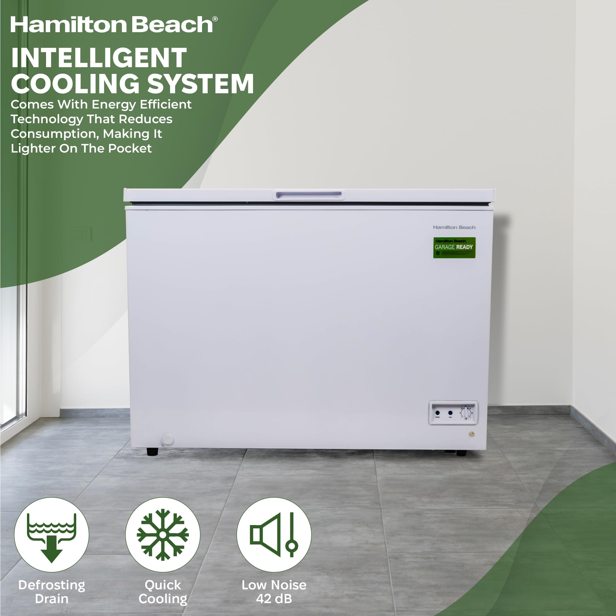 Hamilton Beach HBFRF2129 21 cu ft Double Door LID Garage-Ready Chest Freezer-White, Vinyl-Coated Baskets, Space-Saving Flat Back, Stay-Open, Front-Access Drain, for Storage, Hunting, Large Family