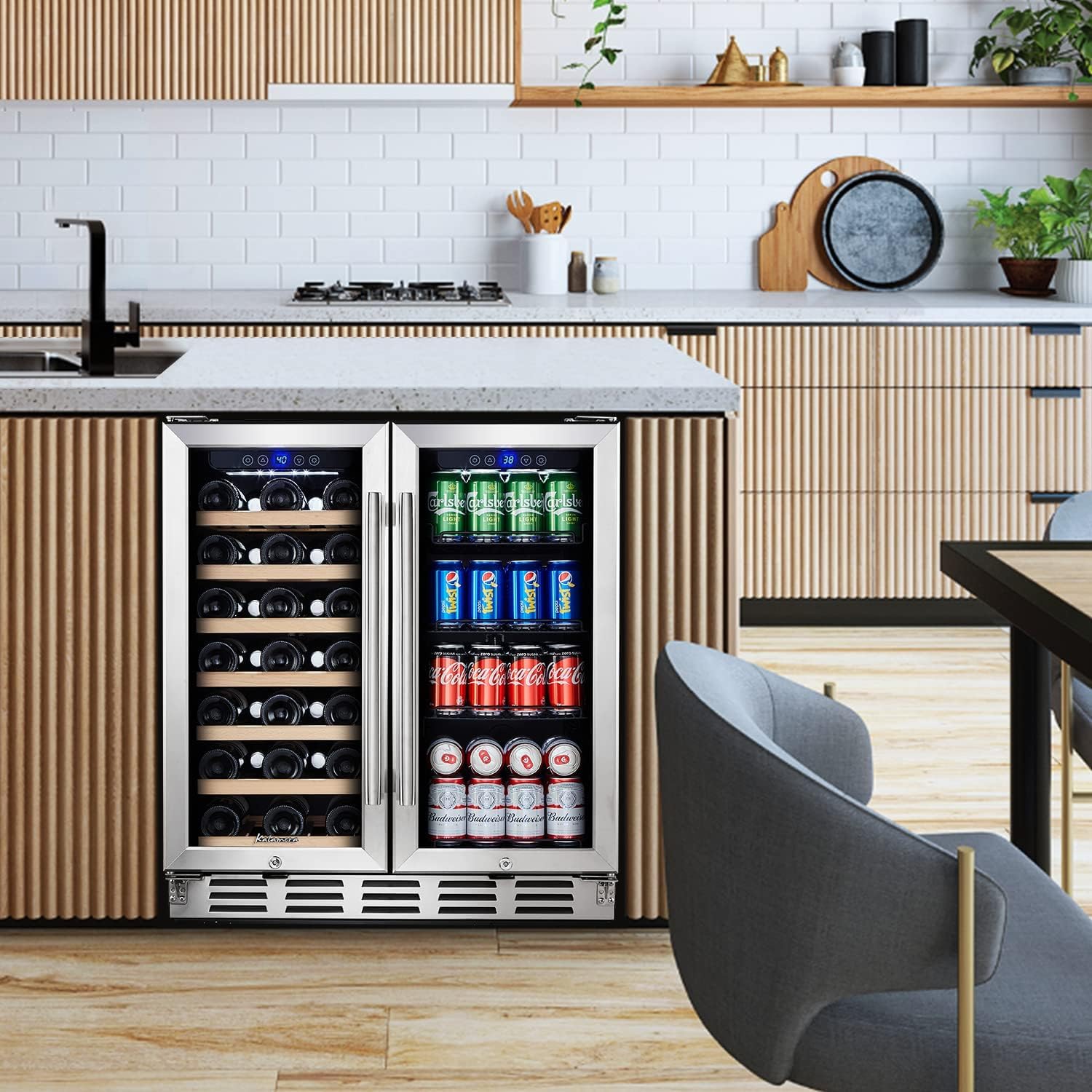 Kalamera 24 inch Wine Cooler, 37 Bottle - Dual Zone Built-in or Freestanding Fridge with Stainless Steel Reversible Glass Door, for Home, Kitchen or Office