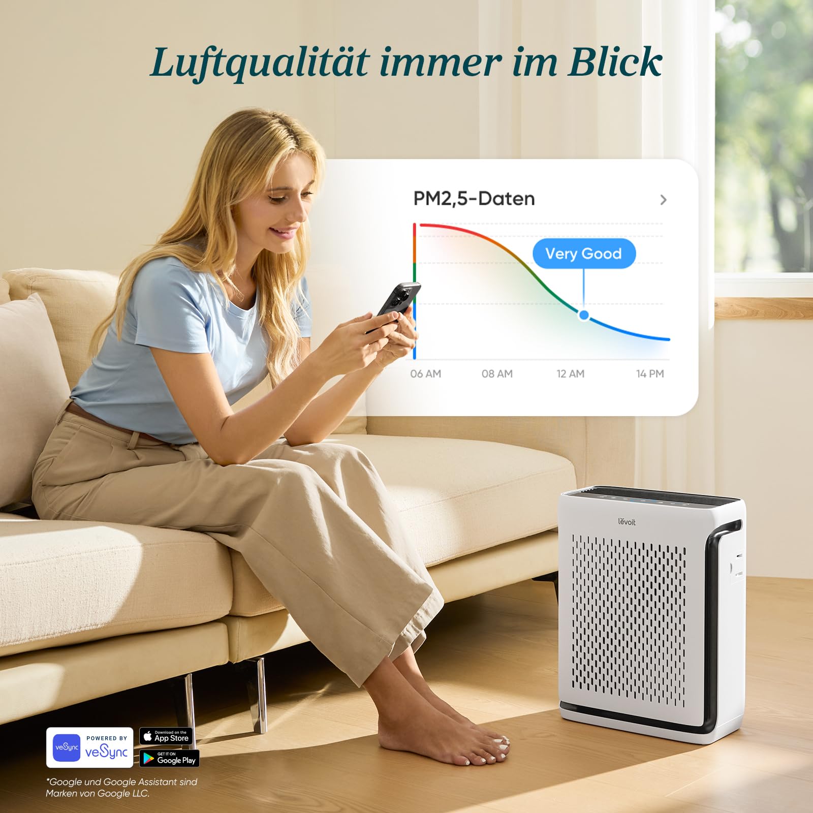 Levoit Luftreiniger mit HEPA Luftfilter gegen 99,97 Prozent Schimmel Staub Pollen Tierhaare, Luftqualitäts-Feedback und Auto-Modus, CADR 240m³/h für Raucherzimmer, bis zu 50m², Weiß