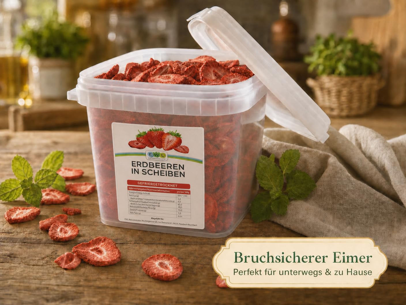 EWL Naturprodukte Erdbeeren gefriergetrocknet 400g, im bruchsicheren Eimer, gefriergetrocknete Erdbeeren in Deutschland abgefüllt, vegan und natürlich lecker