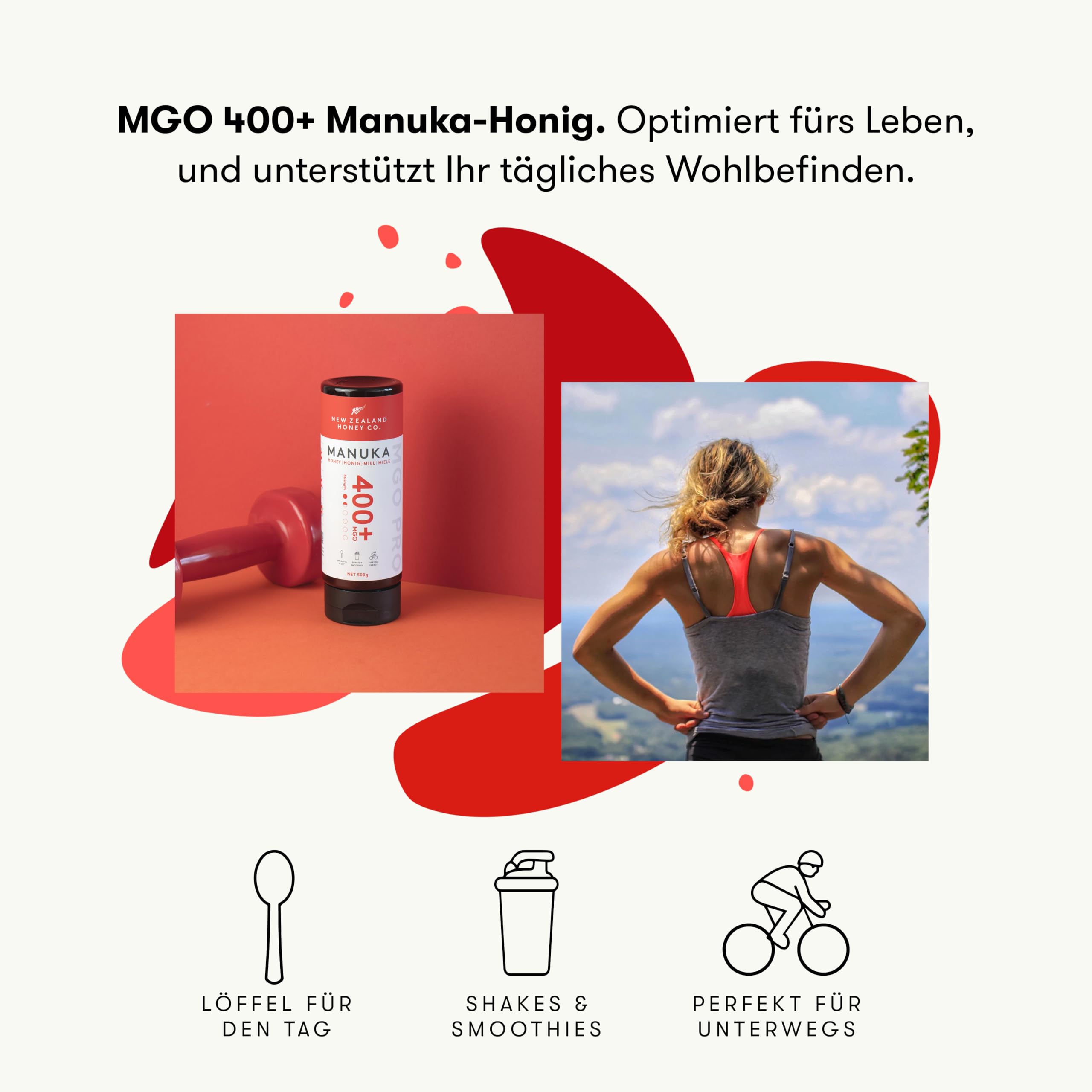 New Zealand Honey Co. Manuka Honig MGO 400+ | 500g Quetschflasche | Aktiv und Roh | Hergestellt in Neuseeland | Zertifiziertem Methylglyoxal Gehalt | 500g