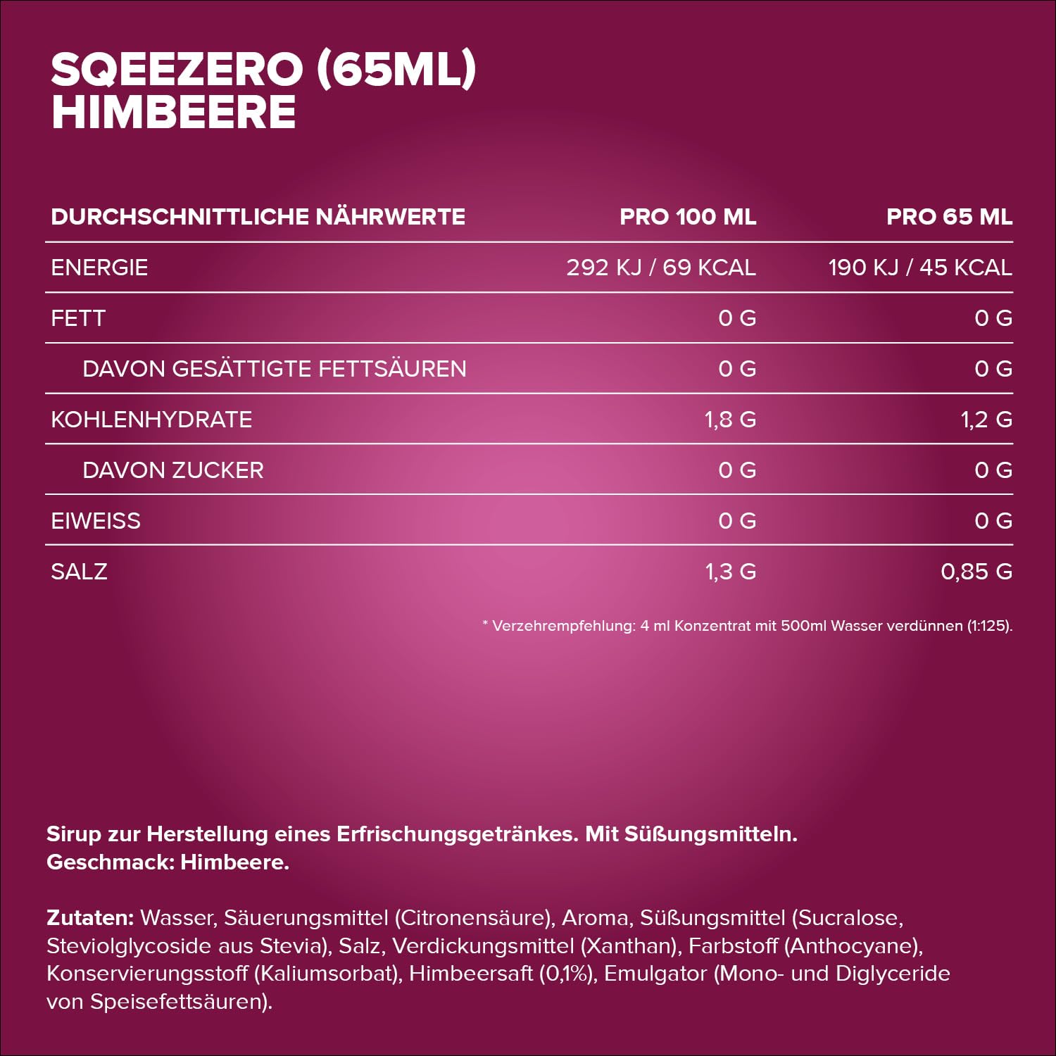 IronMaxx SqueeZero - Raspberry 65ml | Sirup, Erfrischendes Geschmackserlebnis für 8 Liter, Zuckerfrei und Kalorienfrei in 100ml verzehrfertigem Getränk