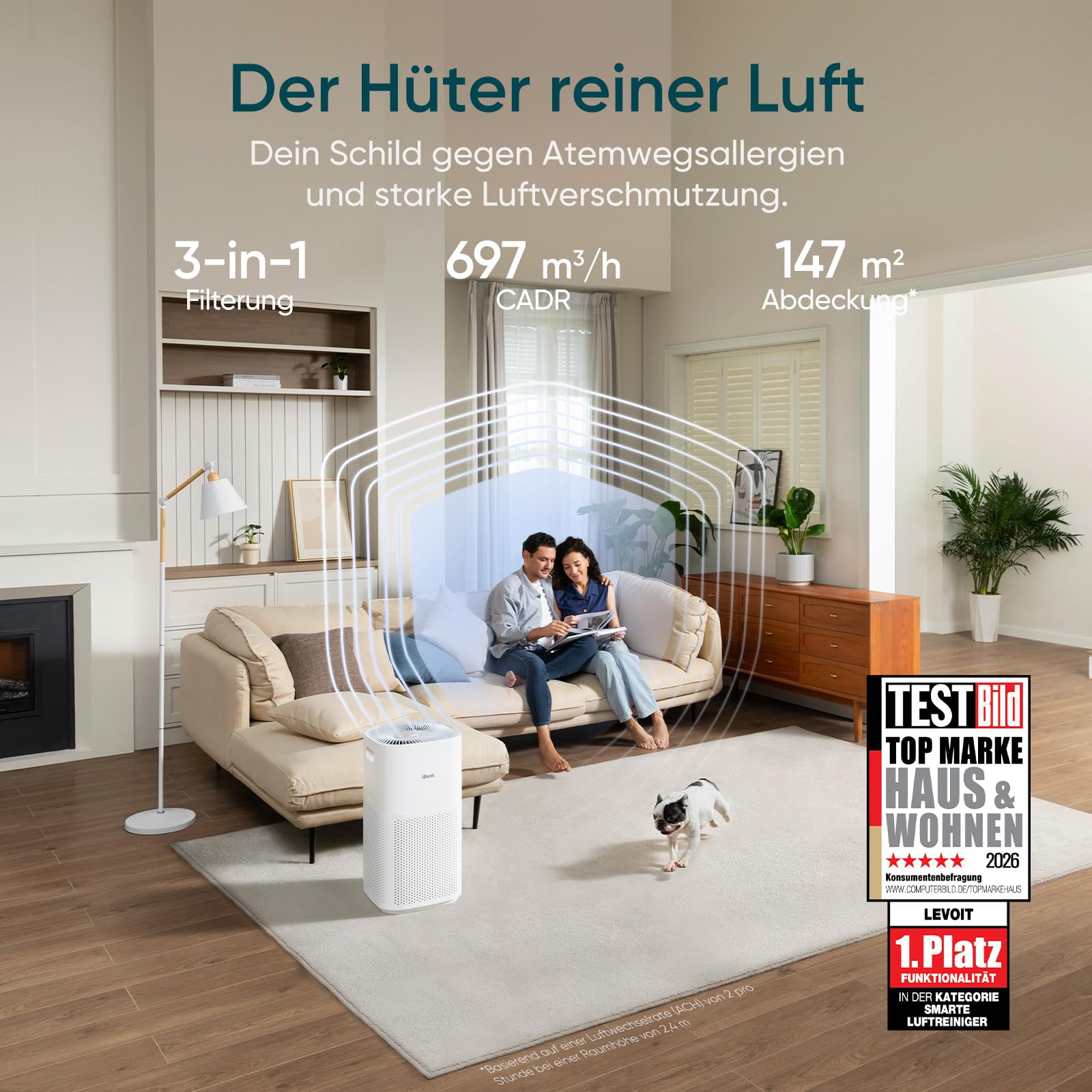 Levoit Luftreiniger mit HEPA Luftfilter gegen 99,97 Prozent Schimmel Staub Pollen Tierhaare, Luftqualitäts-Feedback und Auto-Modus, CADR 240m³/h für Raucherzimmer, bis zu 50m², Weiß