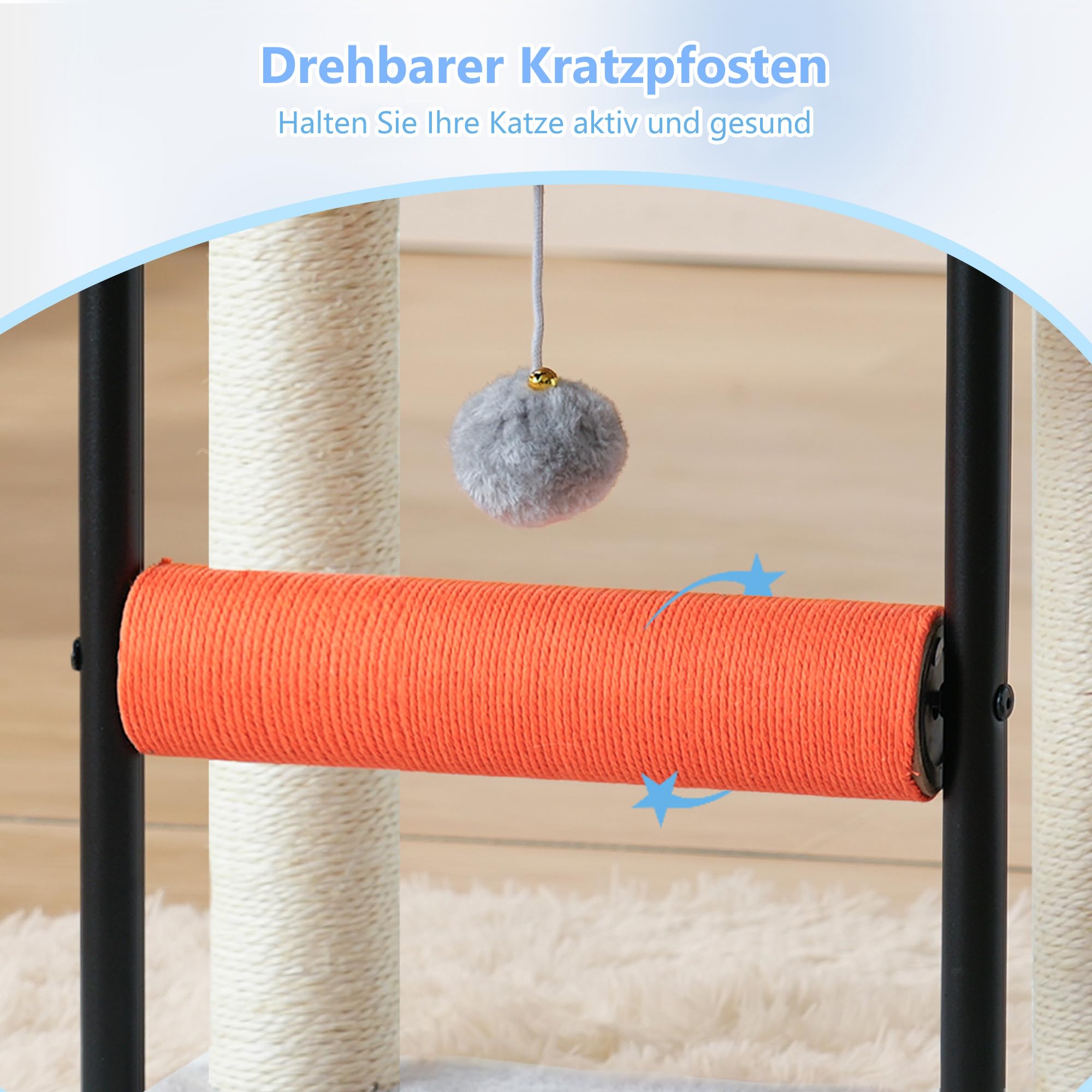 Hey-brother Kratzbaum, 50 cm klein Katzenbaum für Kätzchen, Kratzpfosten mit drehbarer Sisalsäule, geräumiger Plüschplattform, Vollständig sisalumwickelte Säule und Spielbällen, Hellgrau EMPJ010SW