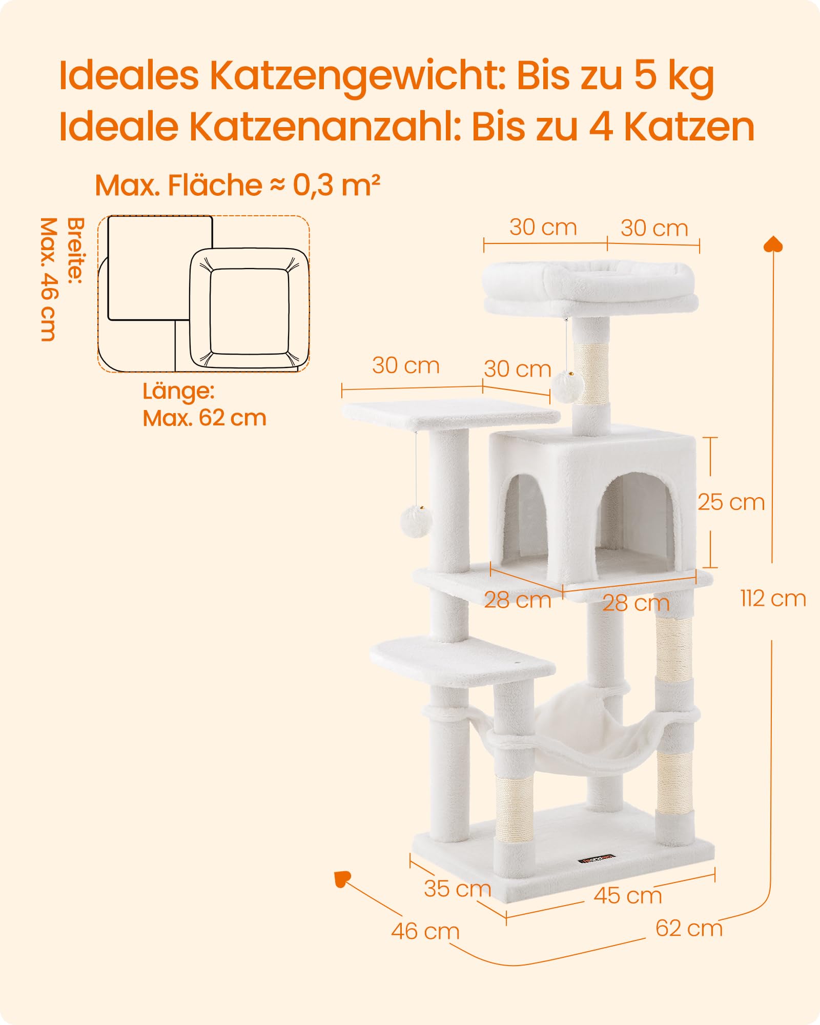 Feandrea Kratzbaum, 143 cm hoch, Katzenbaum, mehrstöckiges Katzenhaus, mit 4 Kratzsäulen, 2 Plattformen, Hängematte, Höhle, hellgrau PCT161W01