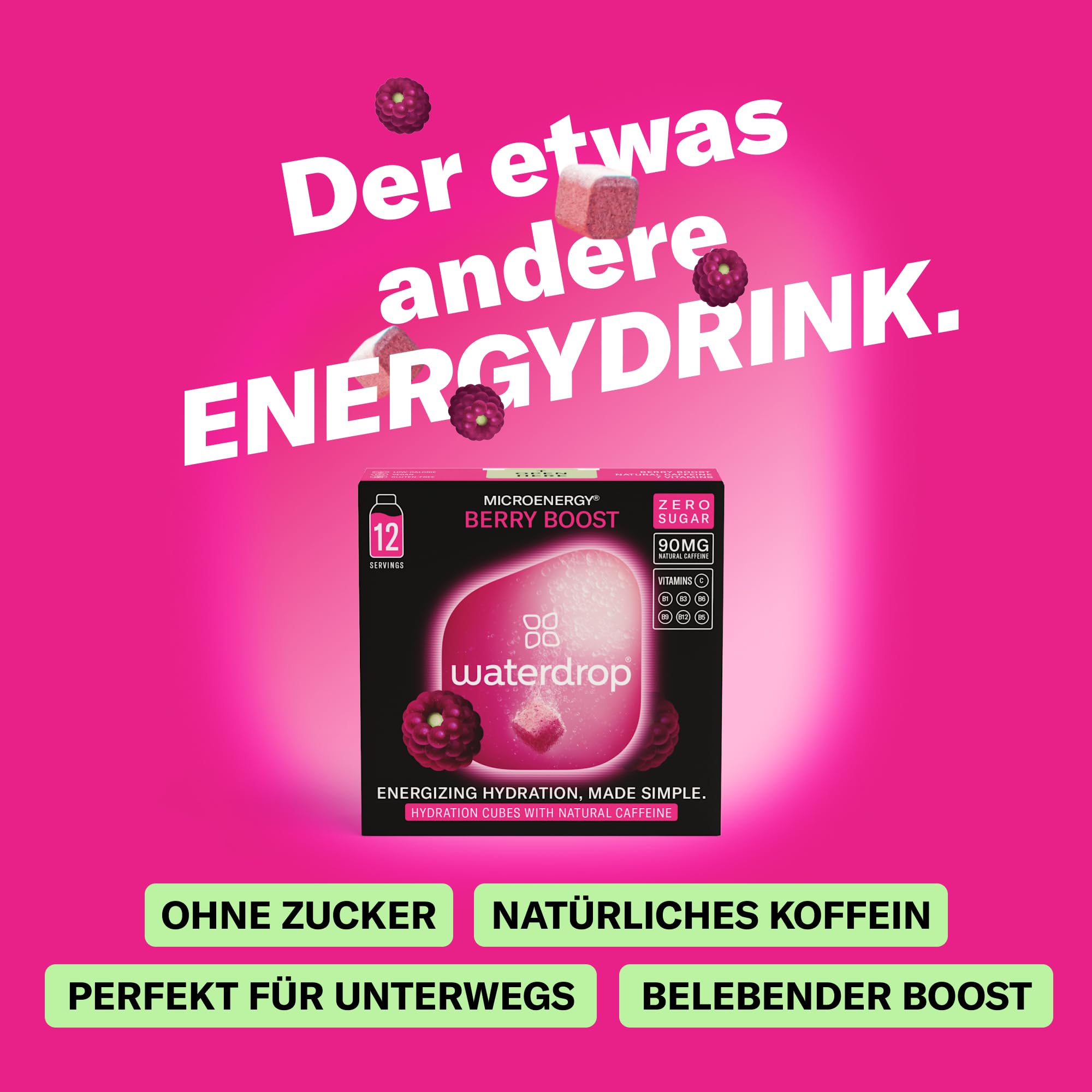 waterdrop® Microenergy Set, Energy Drink Pulver, 36 Würfel Getränkepulver, Mango, Kirsche & Brombeere Geschmack, Zuckerfrei & Kalorienarm, Mit 90 mg Natürlichem Koffein, Vitamin C & B – Flavour Drops