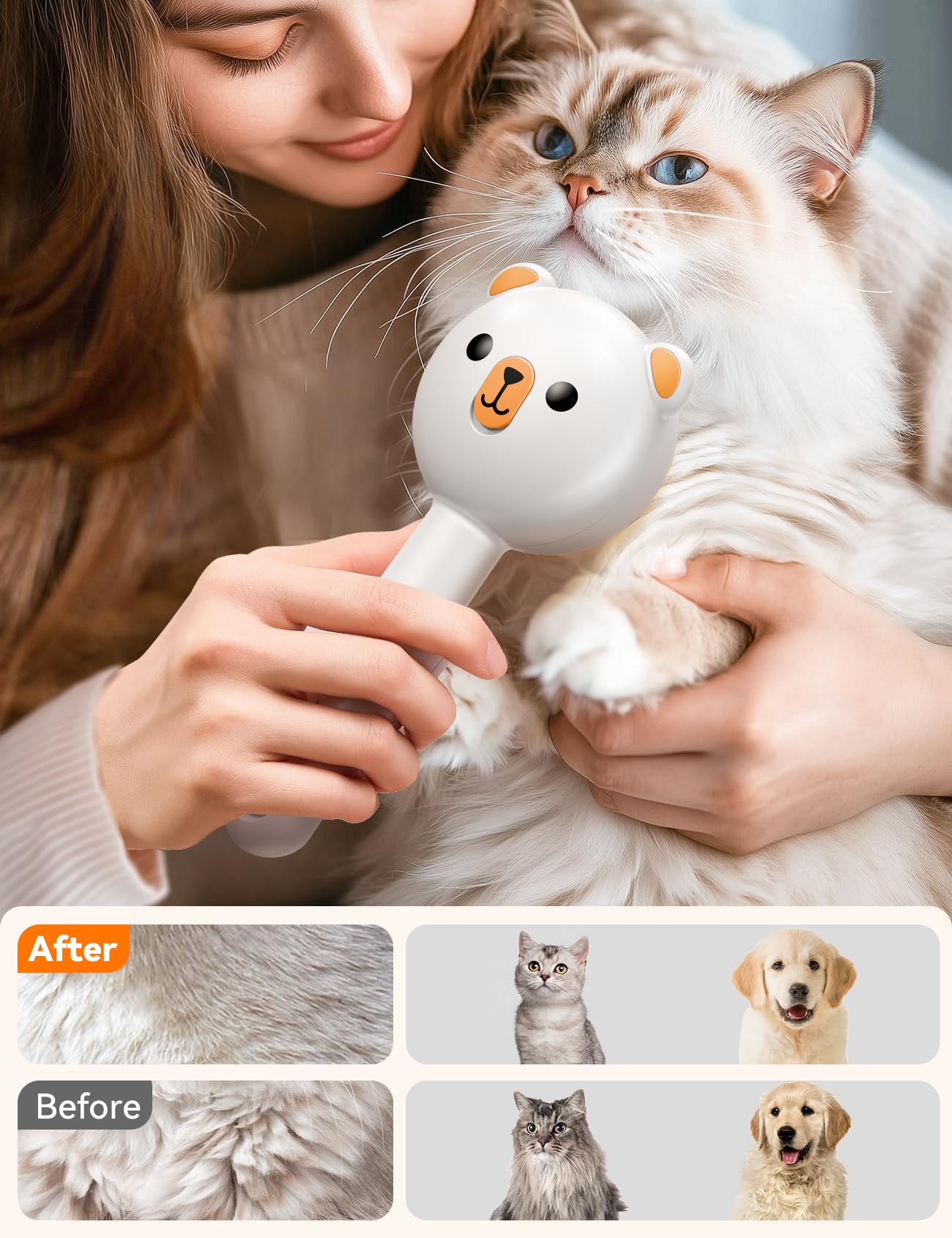 FEELNEEDY Katzenbürste mit Dampf, Furminator Katze mit Auslöseknopf Wassertank, Dampfbürste Katze für Langhaar/Kurzhaar Hunde Katz, USB aufladbar, Zwei-Geschwindigkeits-Sprühfunktion