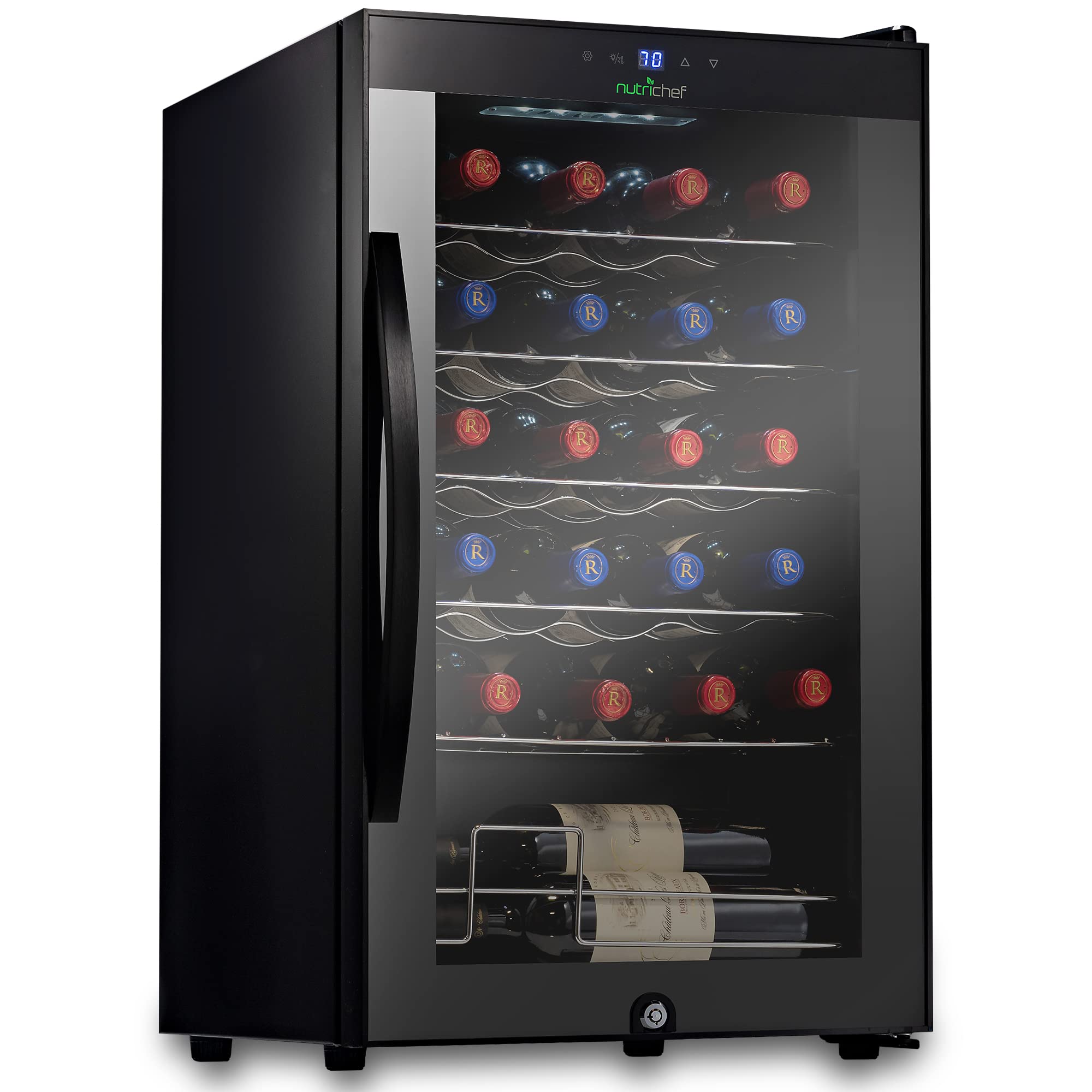 Nutrichef 12 Bottle Stainless Steel Slim Wine Fridge | Red & White Wine Chiller | Adjustable Temperature Control, Ultra Quiet Operation & Energy Efficient | Mini Wine Cooler Refrigerator | 31x10x17 IN