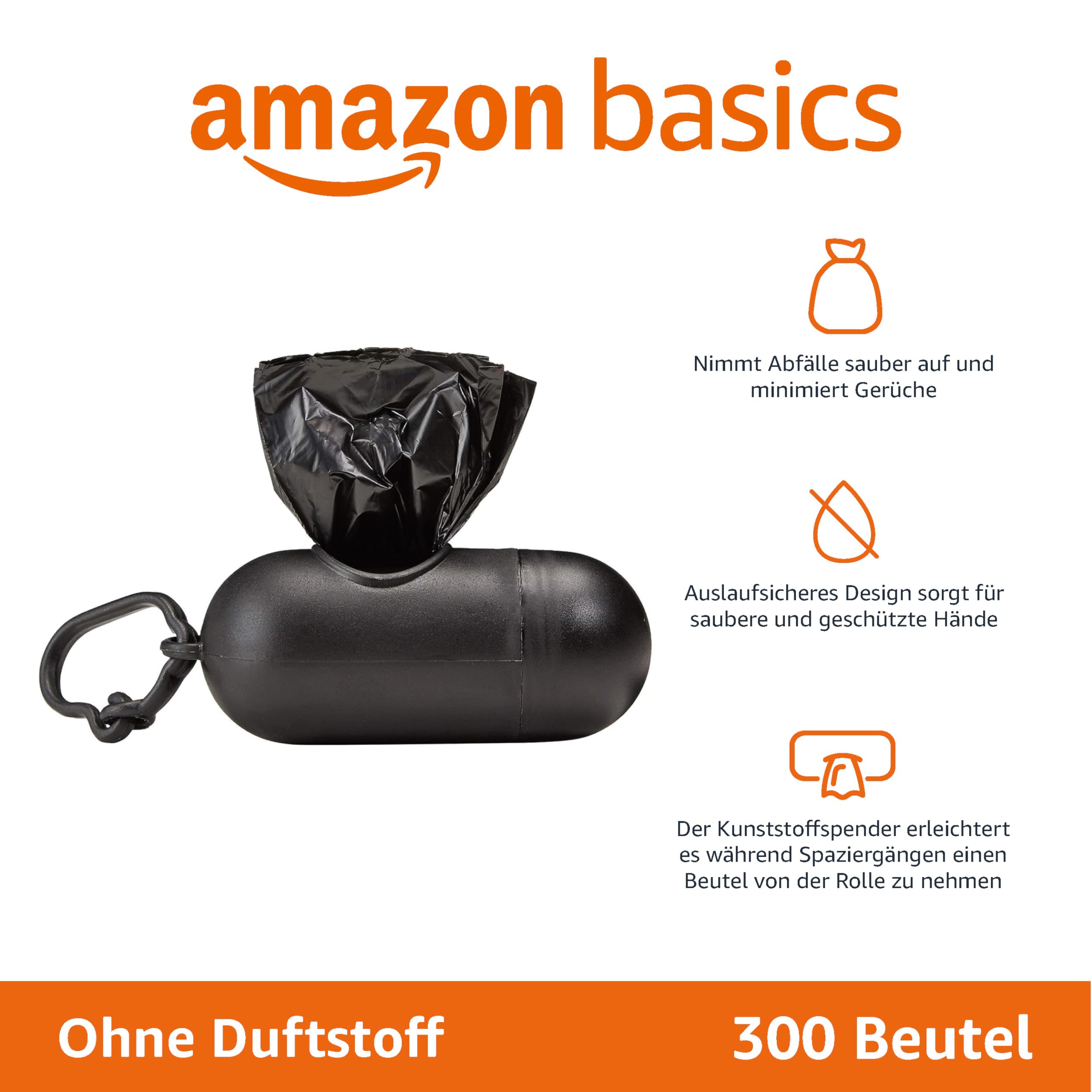 Amazon Basics Hundekotbeutel mit Spender und Leinenclip, Unparfümiert, 300 Beutel (20 Packungen mit je 15 Beuteln), Schwarz