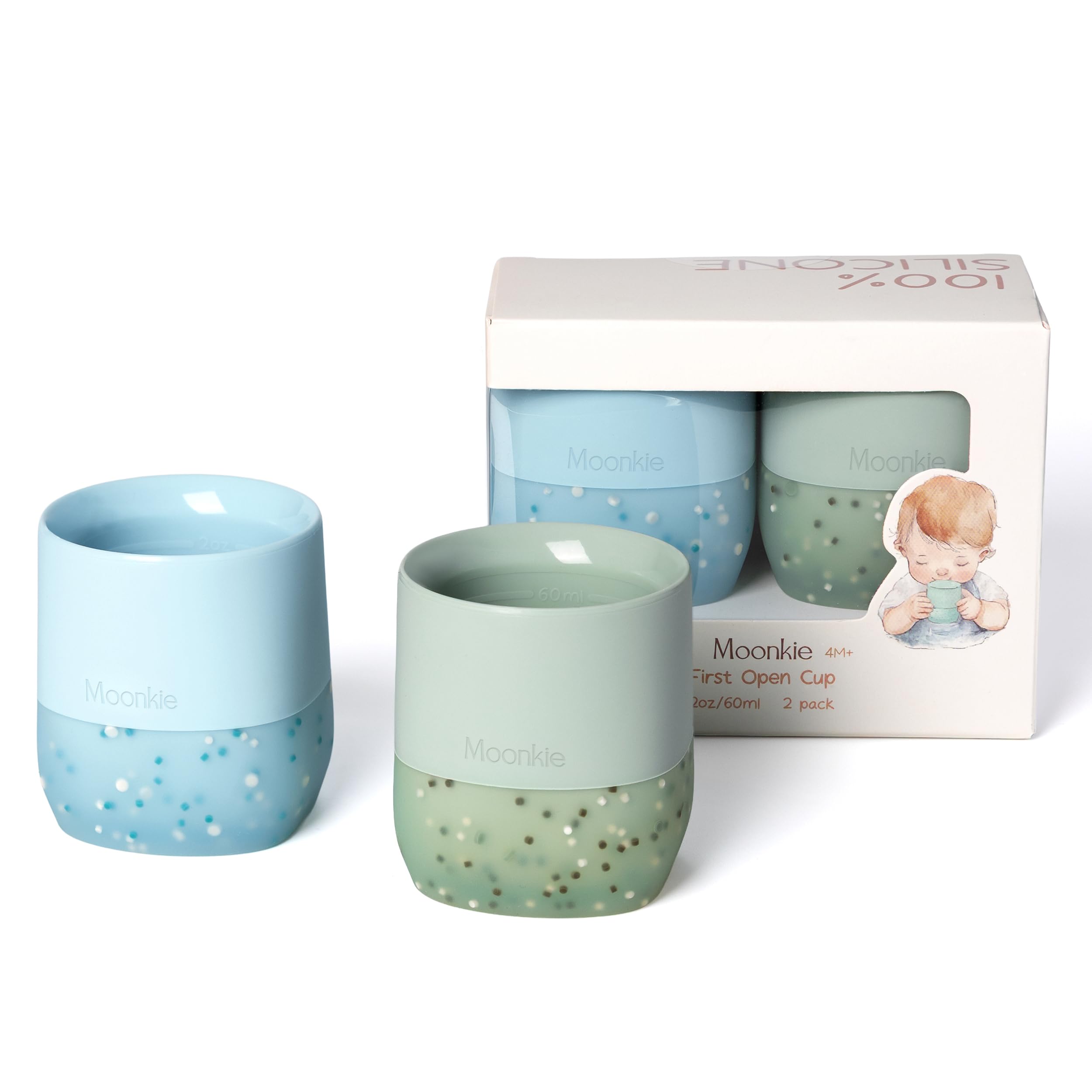 Moonkie Trinklernbecher Baby Silikon | 2er-Pack Offener Lernbecher ab 4 Monate | BPA-frei | mit Messskala | 60ml Tiny Cup(Äther/Mint)