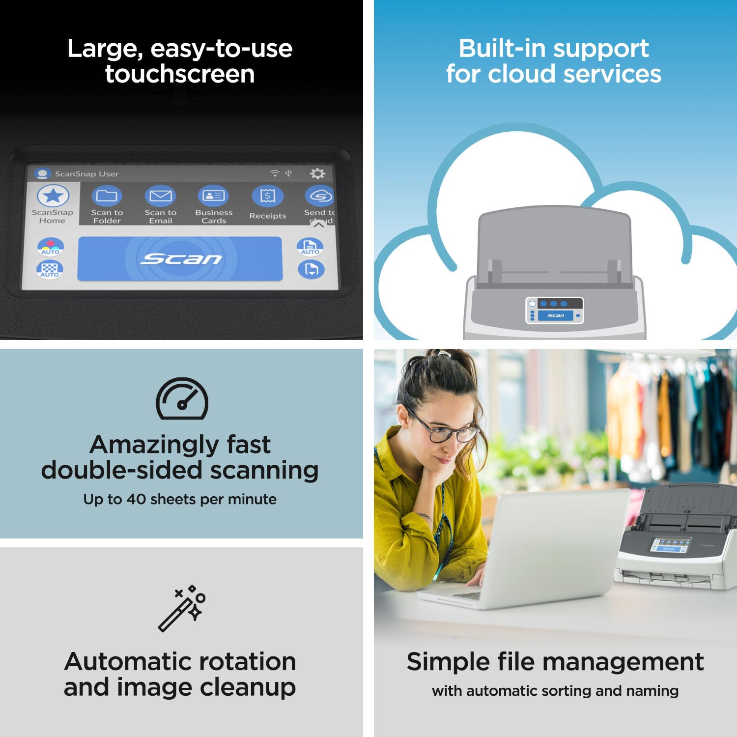 ScanSnap iX2500 Wireless or USB High-Speed Cloud Enabled Document, Photo & Receipt Scanner with Large 5" Touchscreen and 100 Page Auto Document Feeder for Mac or PC, Black