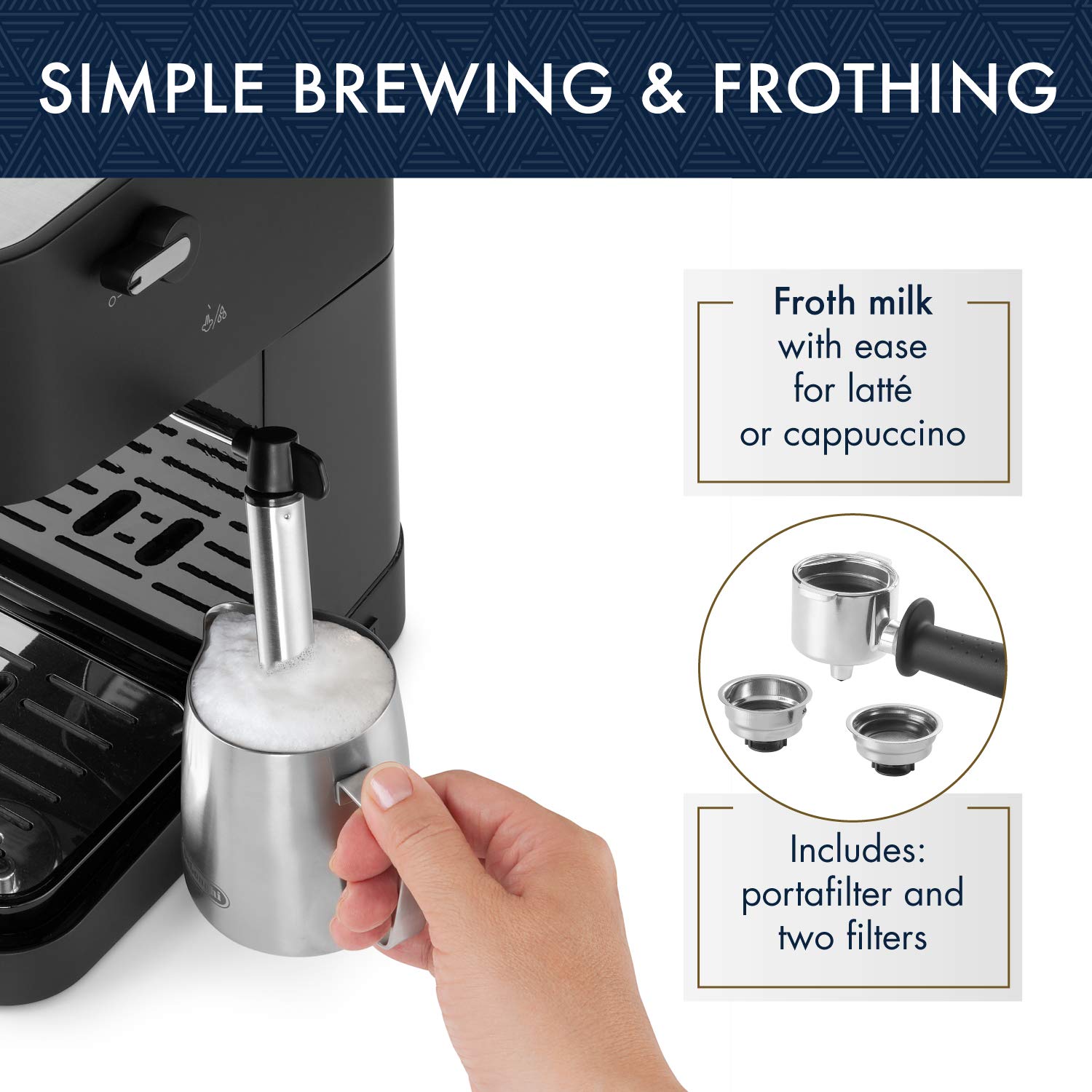 De'Longhi UPGRADED All-in-One Combination Coffee Maker & Espresso Machine + Advanced Adjustable Milk Frother for Cappuccino & Latte + Glass Coffee Pot 10-Cup, COM532M black