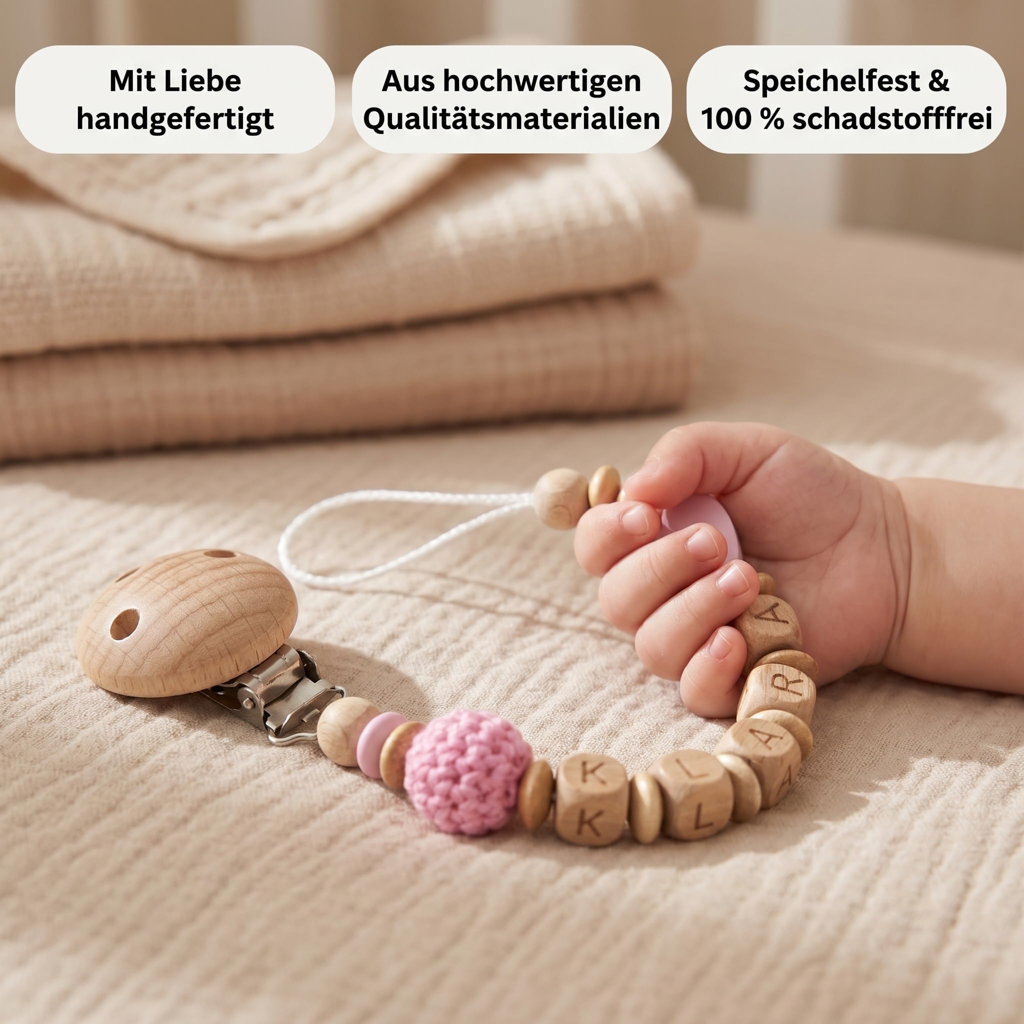 Schnullerband mit Namen für Mädchen & Jungen personalisierte Baby Geschenke (Blau)