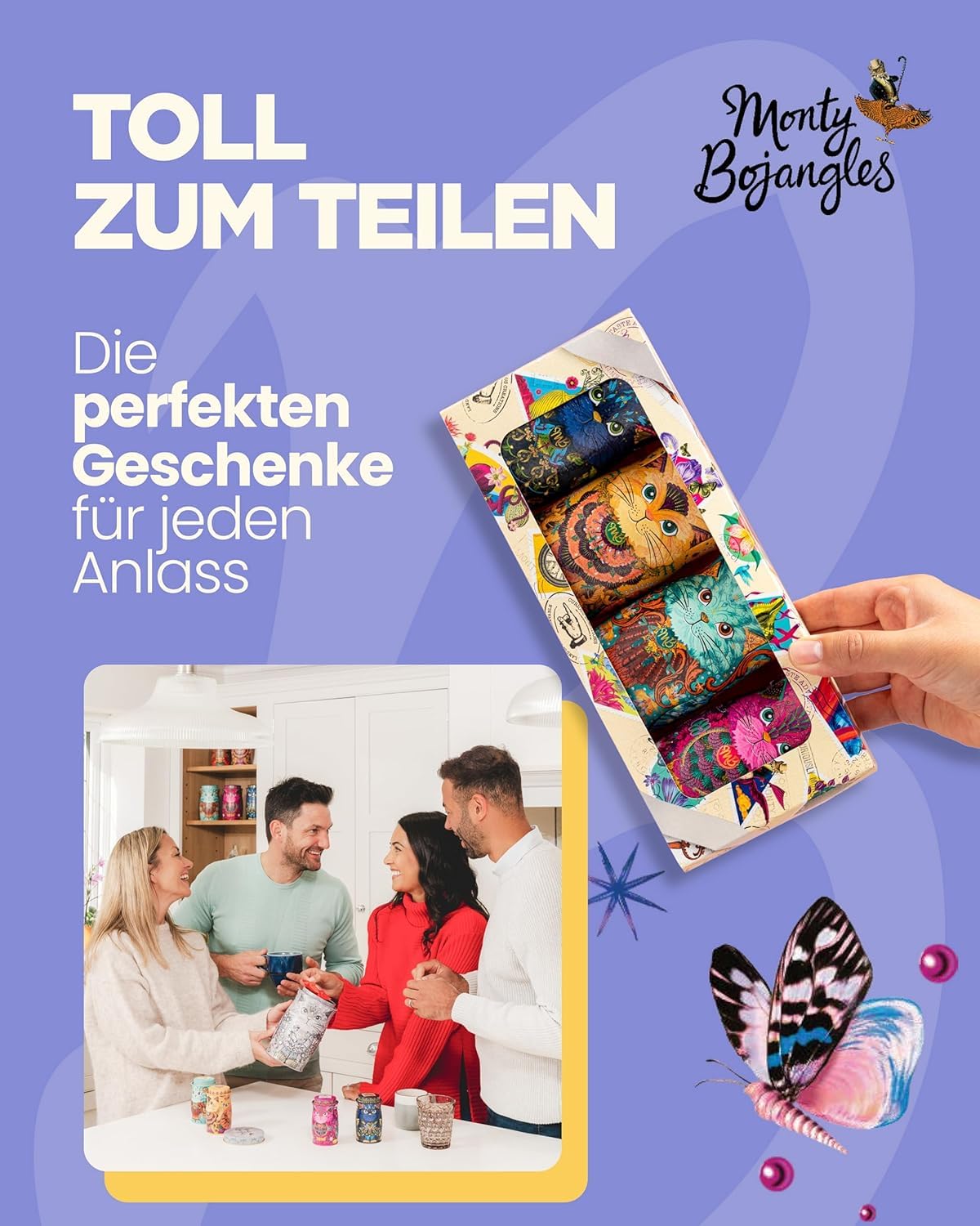 Monty Bojangles Kit-Tins Schokoladentrüffel (4 x 36g) Truffle Pralinen mit Kakao bestäubt Pralinen, Schokolade Sammlerdose mit Katzen-Design, Geschenkset mit vier Geschmacksrichtungen