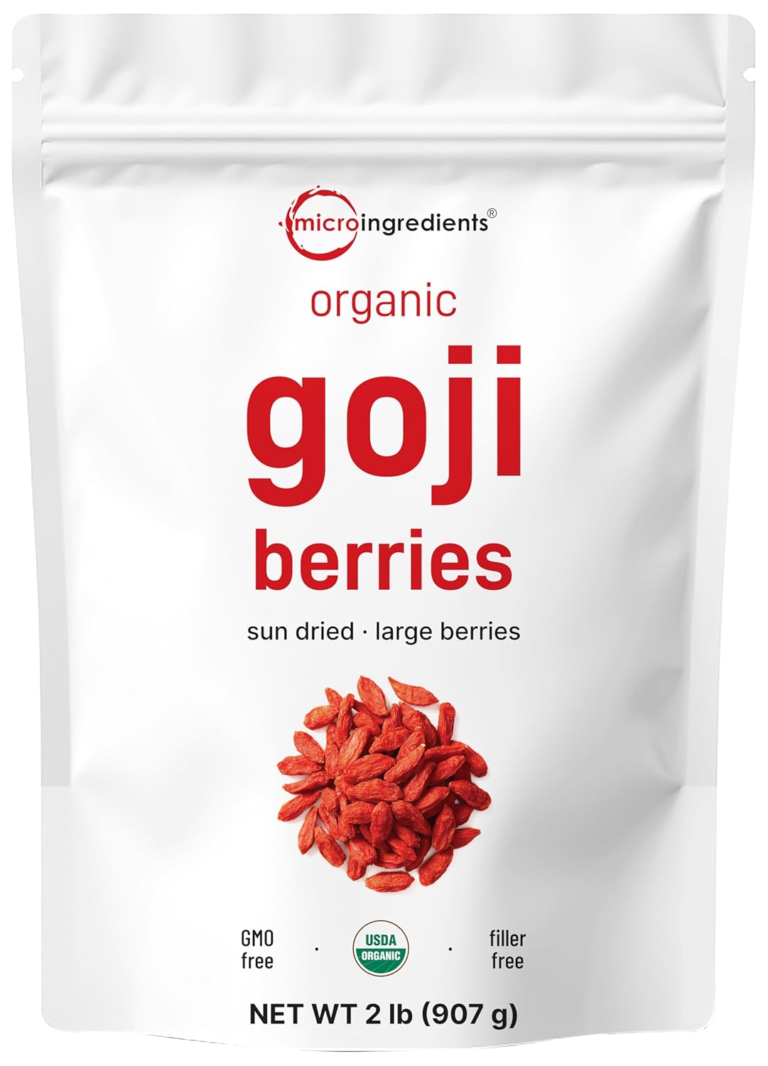 Micro Ingredients Organic Goji Berries 2lbs (32oz) | Large Whole Sun-Dried Berries | Raw Superfood Wolfberries | Natural Flavor for Trail Mix, Juice, & Tea | Sulfate Free, Vegan Friendly, Non-GMO