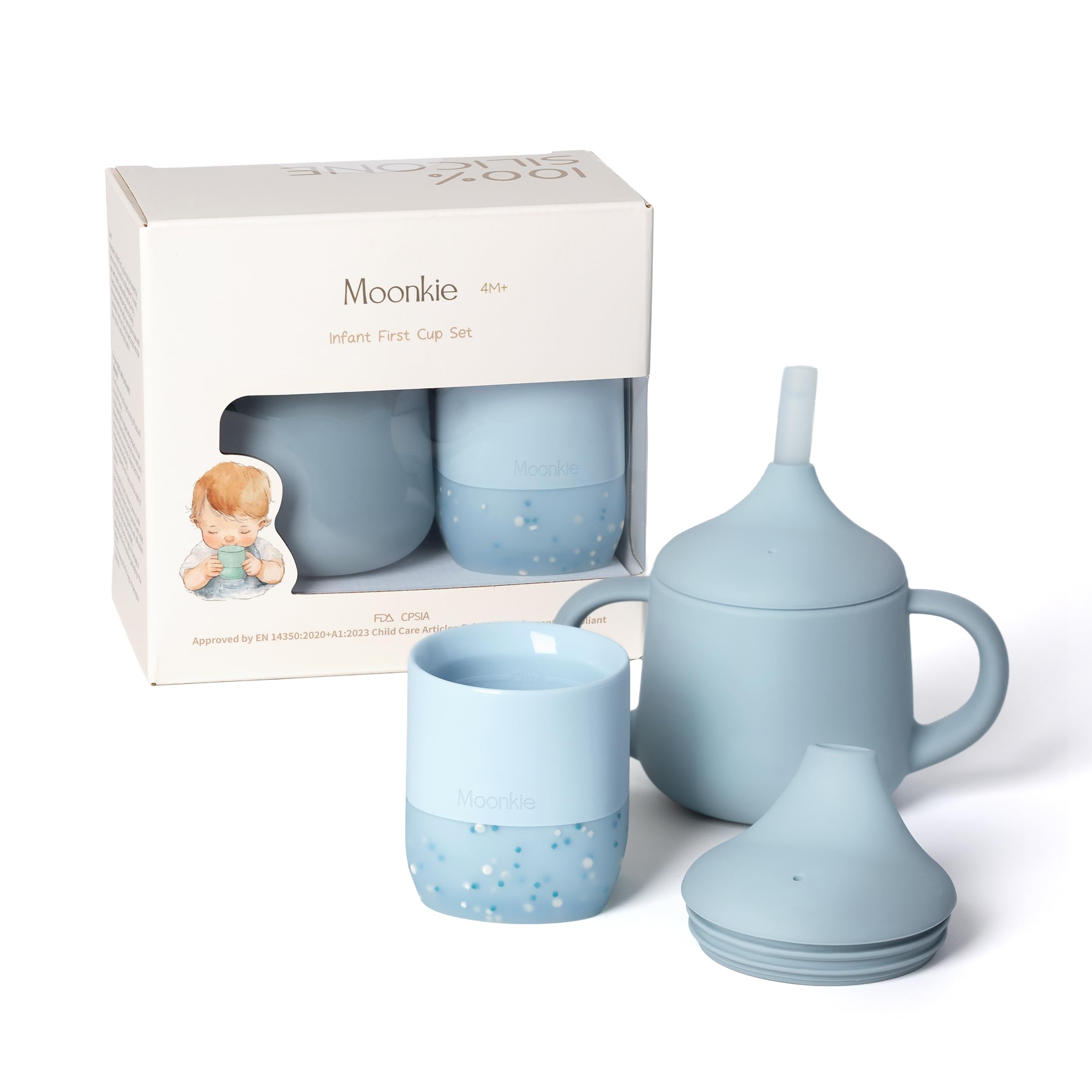 Moonkie Trinklernbecher Baby Silikon | 2er-Pack Offener Lernbecher ab 4 Monate | BPA-frei | mit Messskala | 60ml Tiny Cup(Äther/Mint)