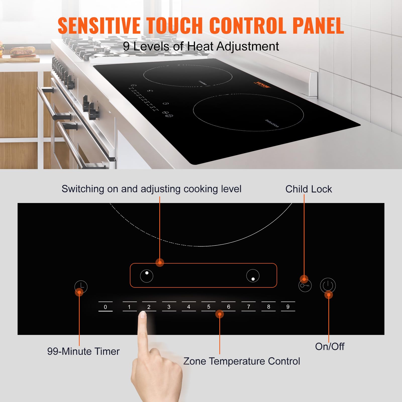 VEVOR Built-in Induction Electric Stove Top 30 Inch,5 Burners Electric Cooktop,9 Power Levels & Sensor Touch Control,Easy to Clean Ceramic Glass Surface,Child Safety Lock,240V