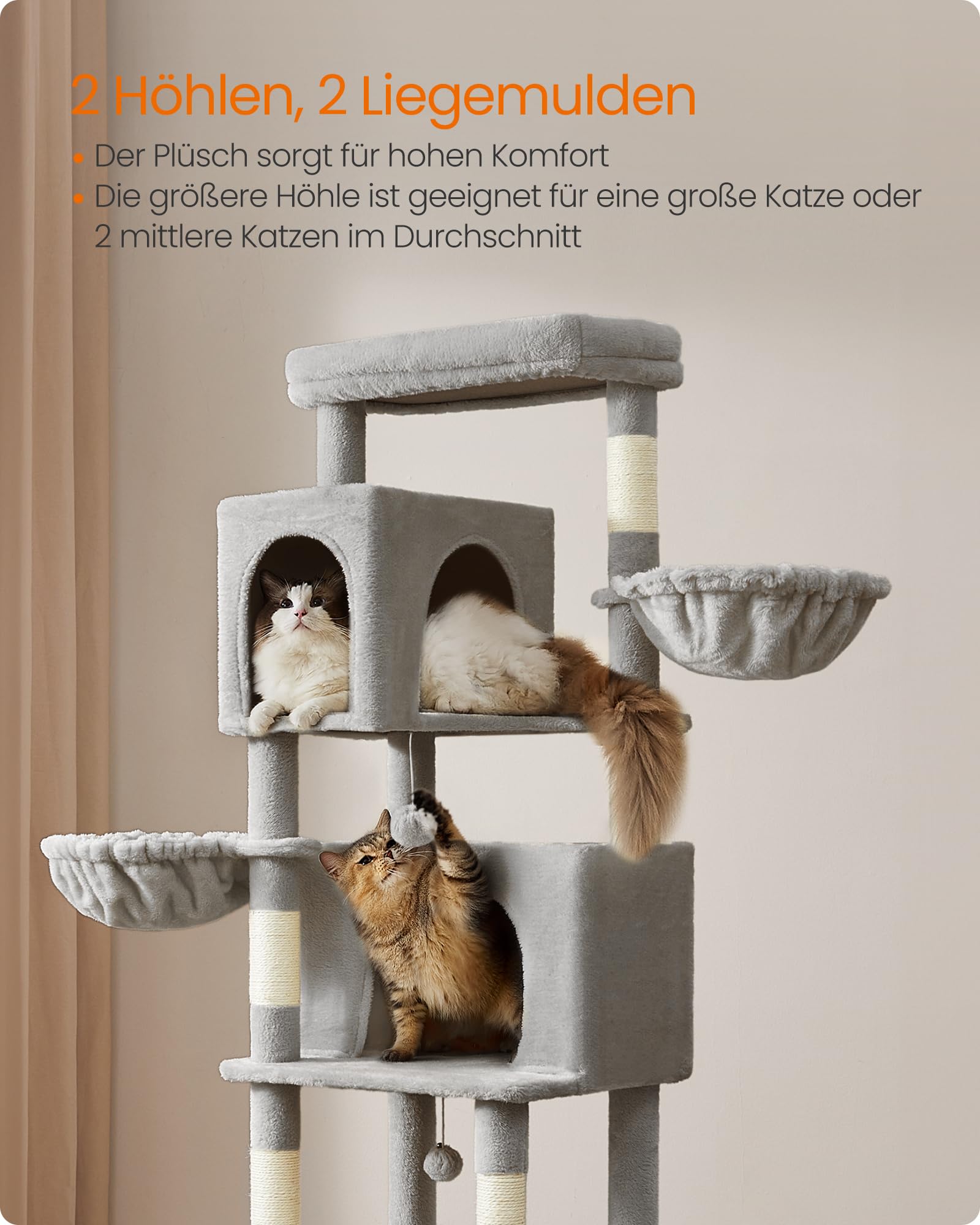 Feandrea Kratzbaum, 175 cm hoch, XL, mehrstöckiger Katzenbaum mit 2 Höhlen, 2 Liegemulden, 5 Kratzsäulen, Katzenbürste, große Plattform, Taubengrau PCT182G01