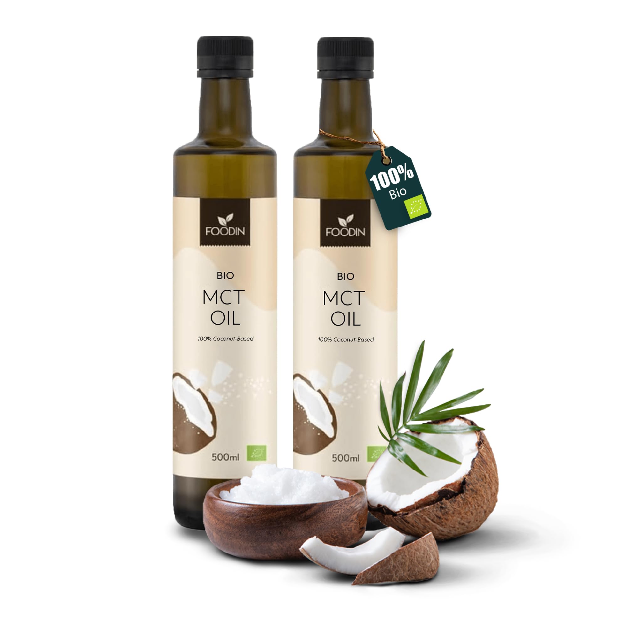 FOODIN MCT Öl 1000ml (2 x 500 ml) aus 100% Kokosöl, Medium-Chain Triglyceride (MCT) Oil, Hergestellt aus produzierter Kokosnuss, 100% glutenfrei und vegan, Ideal für Ketogene Ernährung