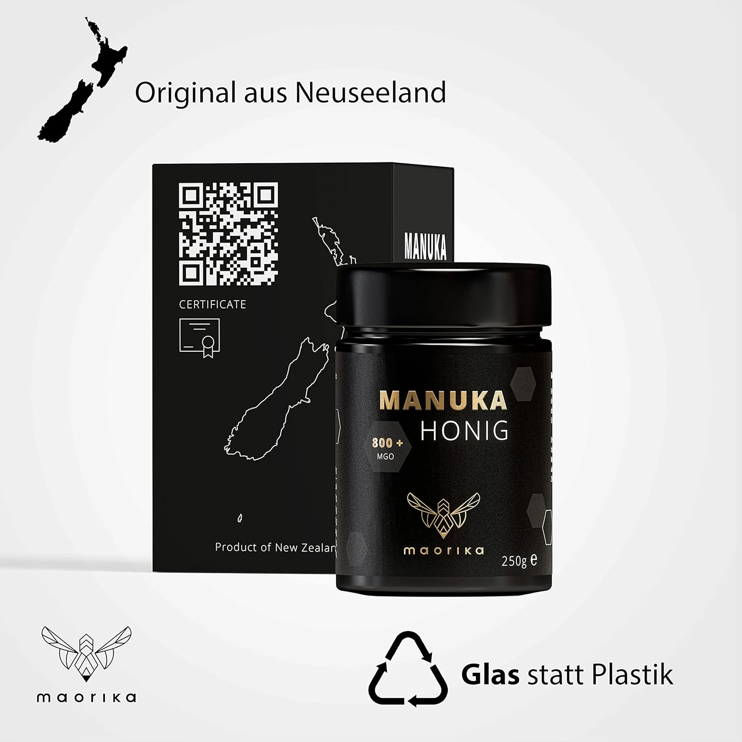 maorika - Manuka Honig 800 MGO + 250g im Glas (lichtundurchlässig, kein Plastik) - laborgeprüft, zertifiziert aus Neuseeland