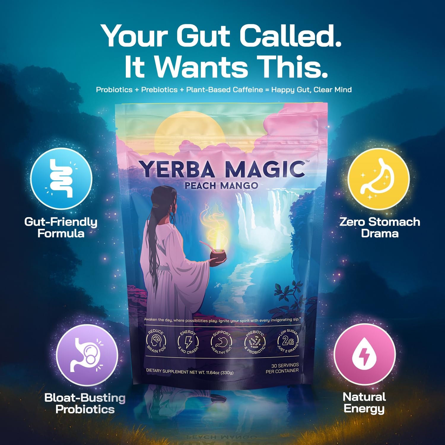 Yerba Magic – Yerba Mate Tea Instant Powder Super Drink with Nootropics, Prebiotics & Probiotics – Clean Energy, Mental Clarity & Gut Wellness | Low Sugar, Natural Caffeine – Peach Mango, 30 Servings