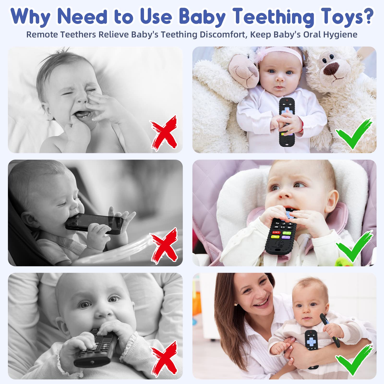Zahnen Beißringe Spielzeug für Babys 3-6-12 Monate Geschenke, Fernbedienung Baby Zahnungshilfe für 7 8 9 Monate Kleinkind Autismus, Lebensmittelqualität Silikon Badespielzeug, Schwarz