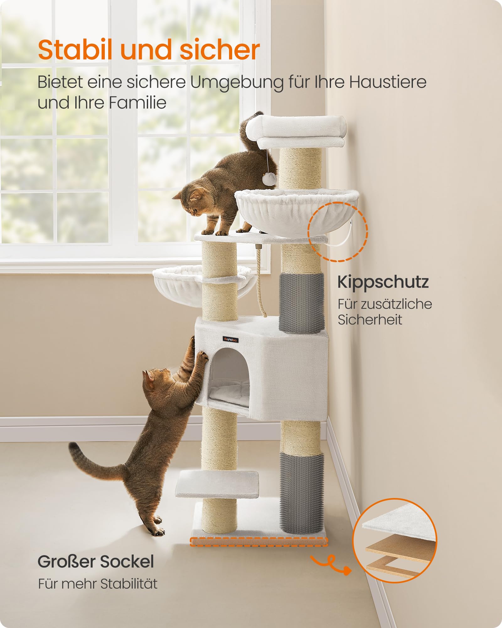 Feandrea Kratzbaum, mit warmen Decken, für große Katze, Katzenbaum, 2 Katzenbürsten, 11,1 cm d Dicke Stämme, große Plattformen, Höhle, 50 x 50 x 160 cm, Taubengrau-schwarz PCT003W01