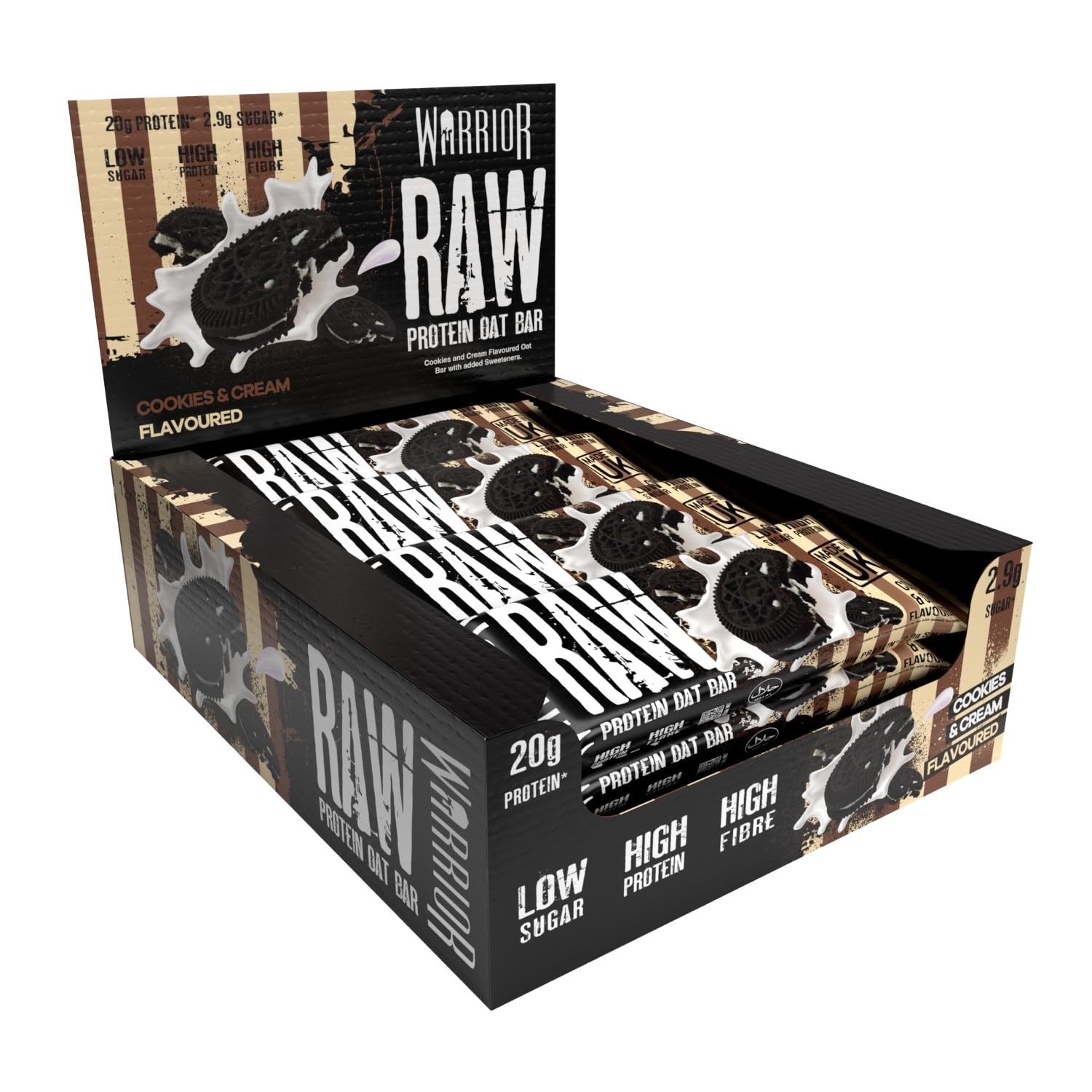 Warrior Raw Proteinriegel 12 x 75 g – Ballaststoffreicher Haferriegel mit Protein, High Protein Snack ohne Zucker, Natürlicher Haferflocken Riegel mit Präbiotika – Schoko-Brownie