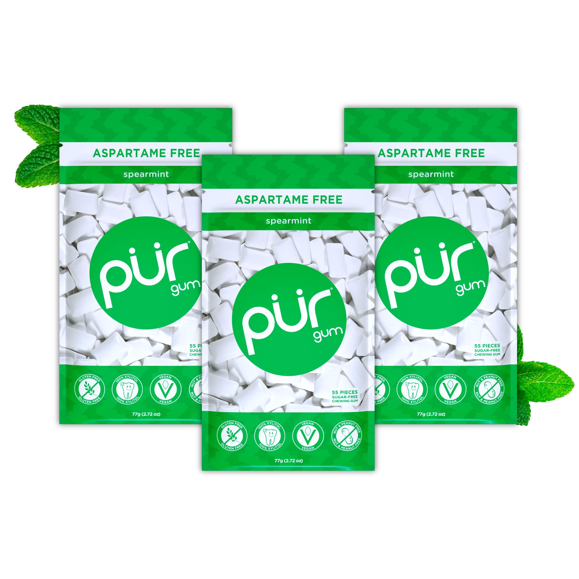 PUR Gum | Zuckerfreier Kaugummi | Mit Xylit | Vegan, Aspartamfrei & Glutenfrei | Natürlicher Kaugummi Mit Spearmint-Geschmack, 55 Stück (3er Pack)