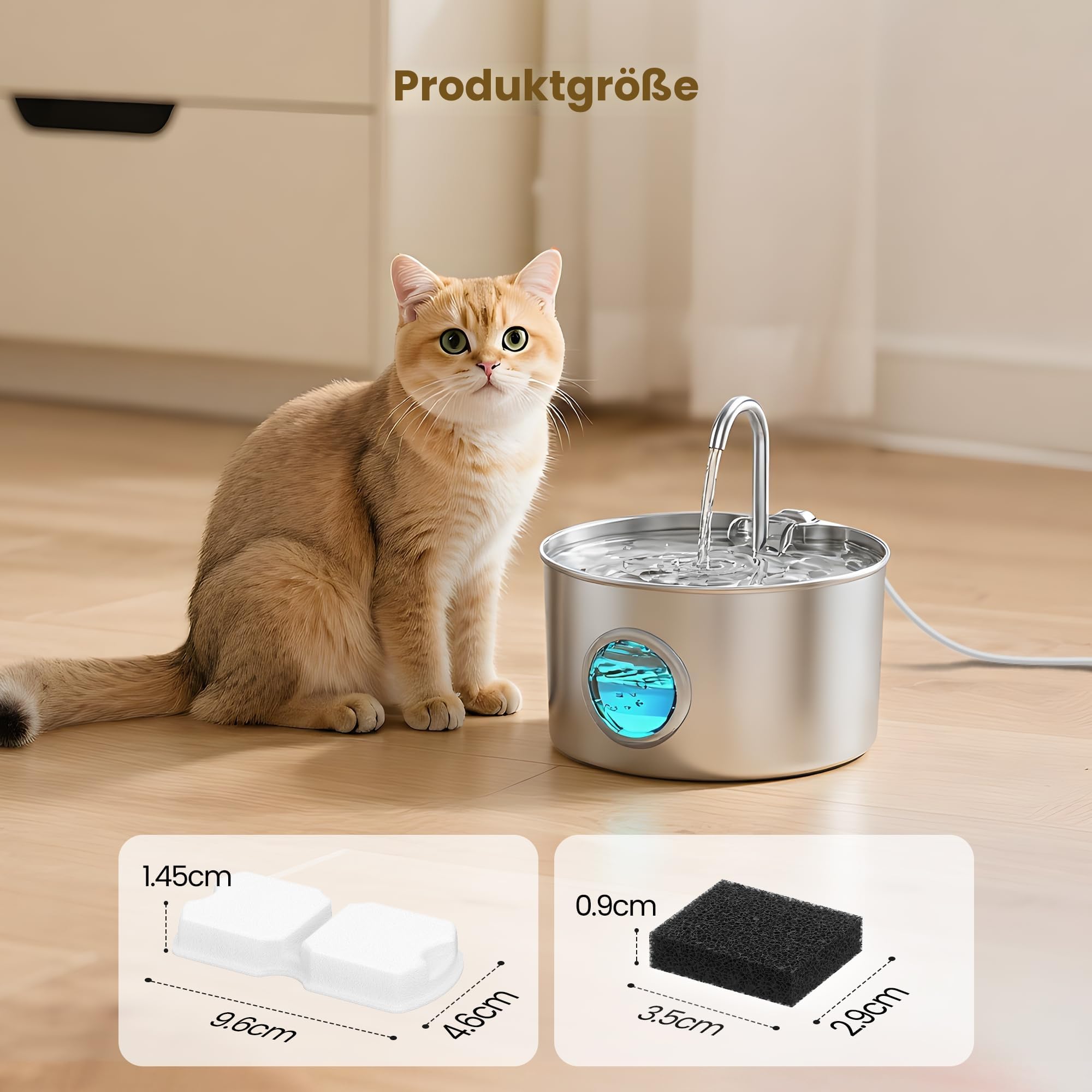 Katzenbrunnen Edelstahl Trinkbrunnen für Katze: Katzenbrunnen für Katzen - 2.2L Wasserbrunnen für Katzen mit 1 Filter und 1 Schwamm - Automatisch Katzentrinkbrunnen für Hunde mit Sichtfenster