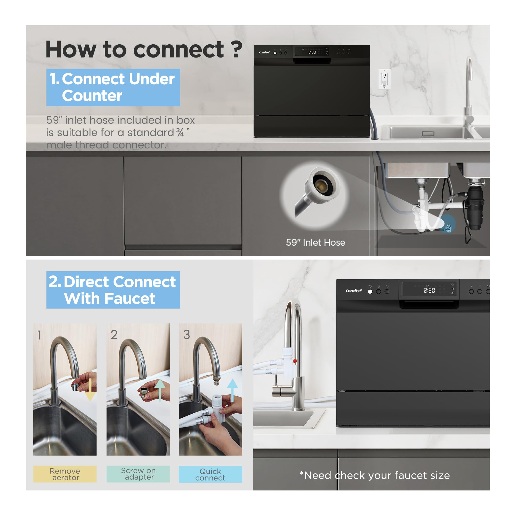 COMFEE’ Countertop Dishwasher, Energy Star Portable Dishwasher, 6 Place Settings & 8 Washing Programs, Speed, Baby-Care, ECO& Glass, Dish Washer for Dorm, RV& Apartment, Black